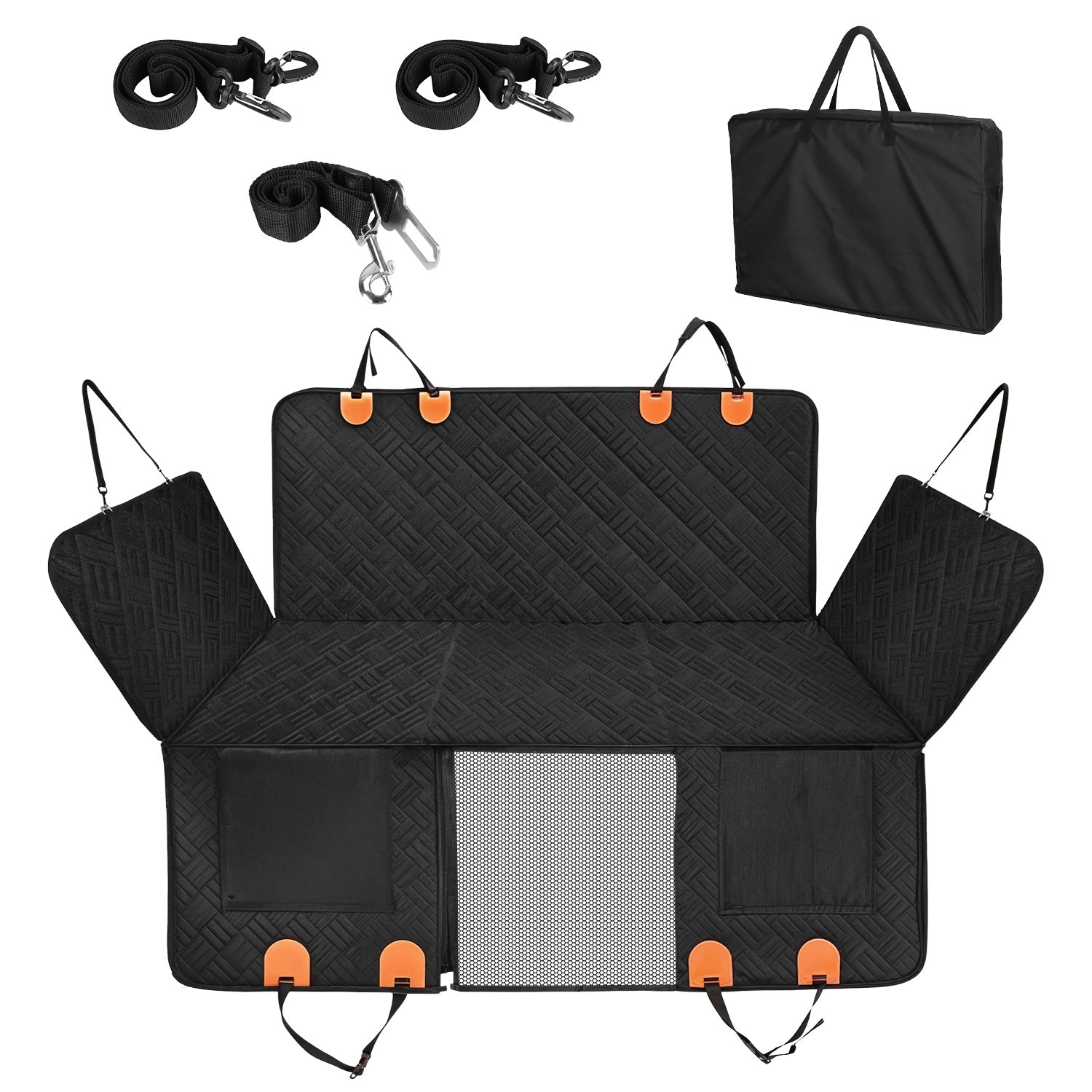 Dog Car Seat Cover For Back Seat Waterproof Oxford Cloth Seat Cover Hammock Non-Slip Scratchproof Back Seat Extender with Side Flap Mesh Window Storag