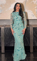 Raihana Long Sleeve High Neck Floral Sequin Embellished Modest Evening Dress