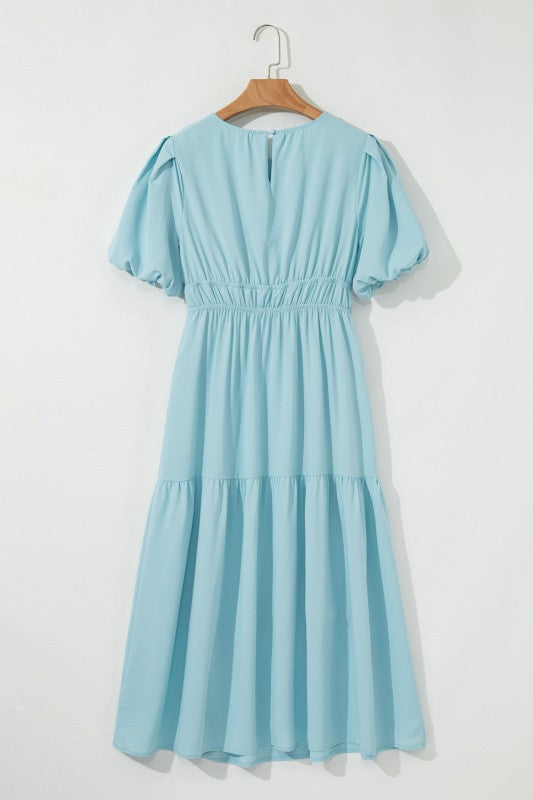 Lara Puff Sleeve Pleated High Waist Midi Dress