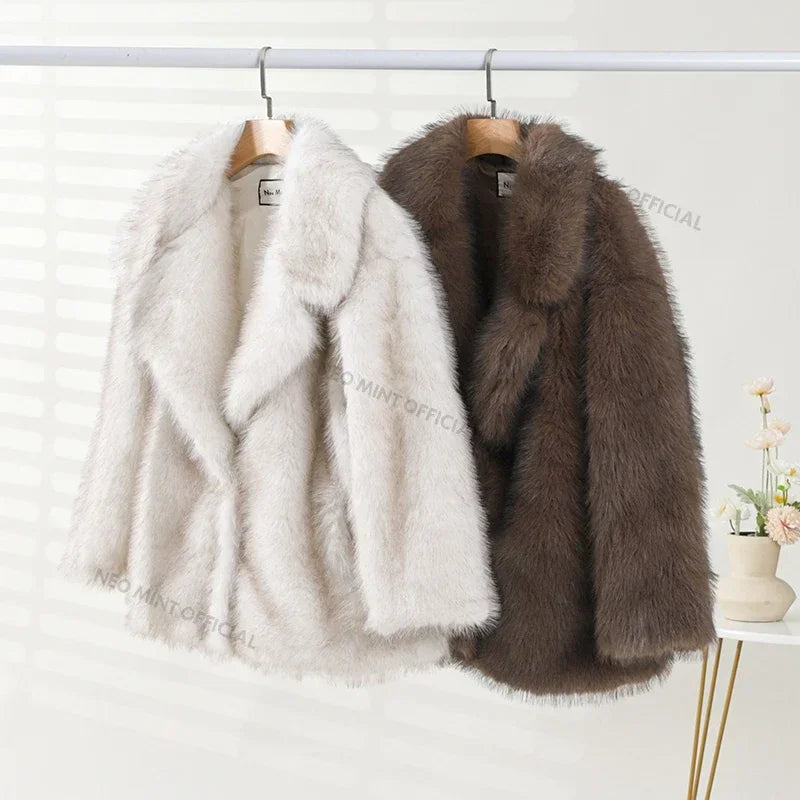 2026 Winter Oversized Gradient Fur Coat Thick Warm Outerwear Fluffy Faux Fox Fur Jacket
