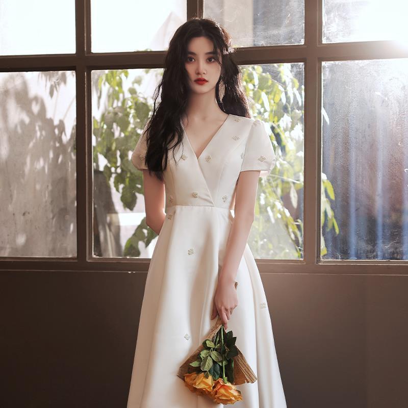 French Bridesmaid Cheongsam Satin Light Wedding Small Evening Dress Women