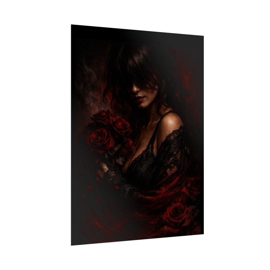 Dark Romantic Art Poster — Gothic Woman with Red Roses, Moody Wall Art