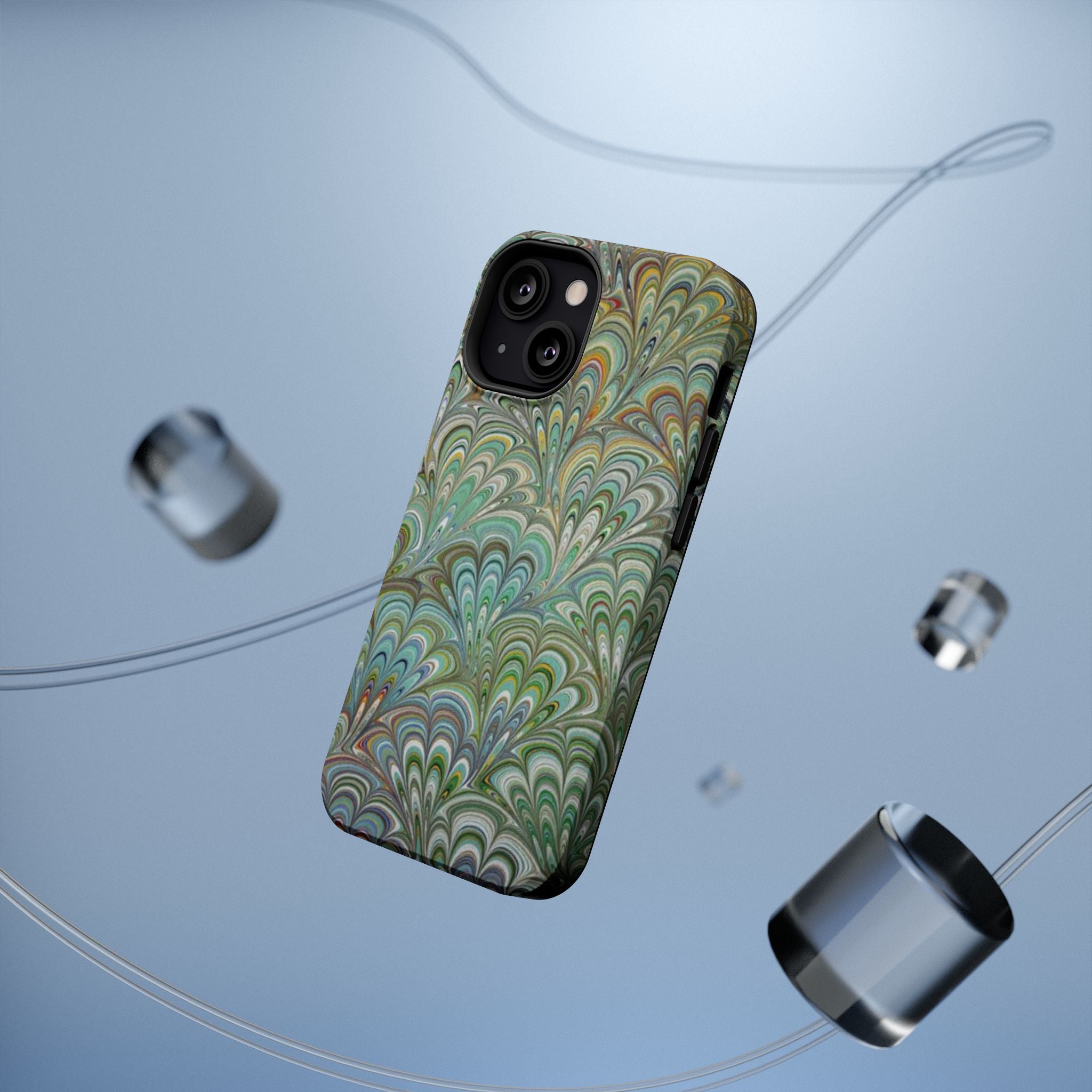 iPhone17 + All Models Phone Cases, Italian Peacock Feather Design, Stylish Impact-Resistant Shell, Protective Cover, Green Peacock Print