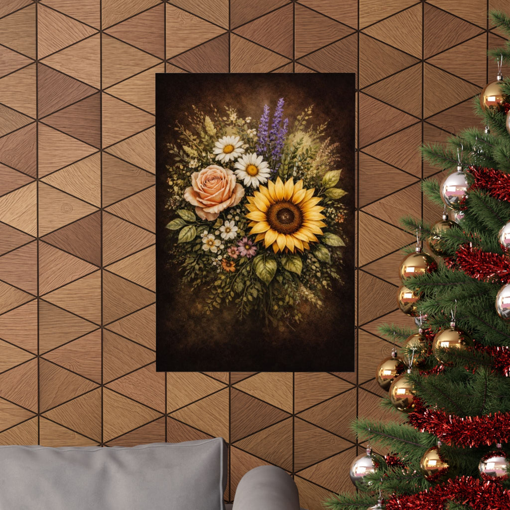 Sunflower & Roses Bouquet Poster — Matte Vertical Floral Wall Art