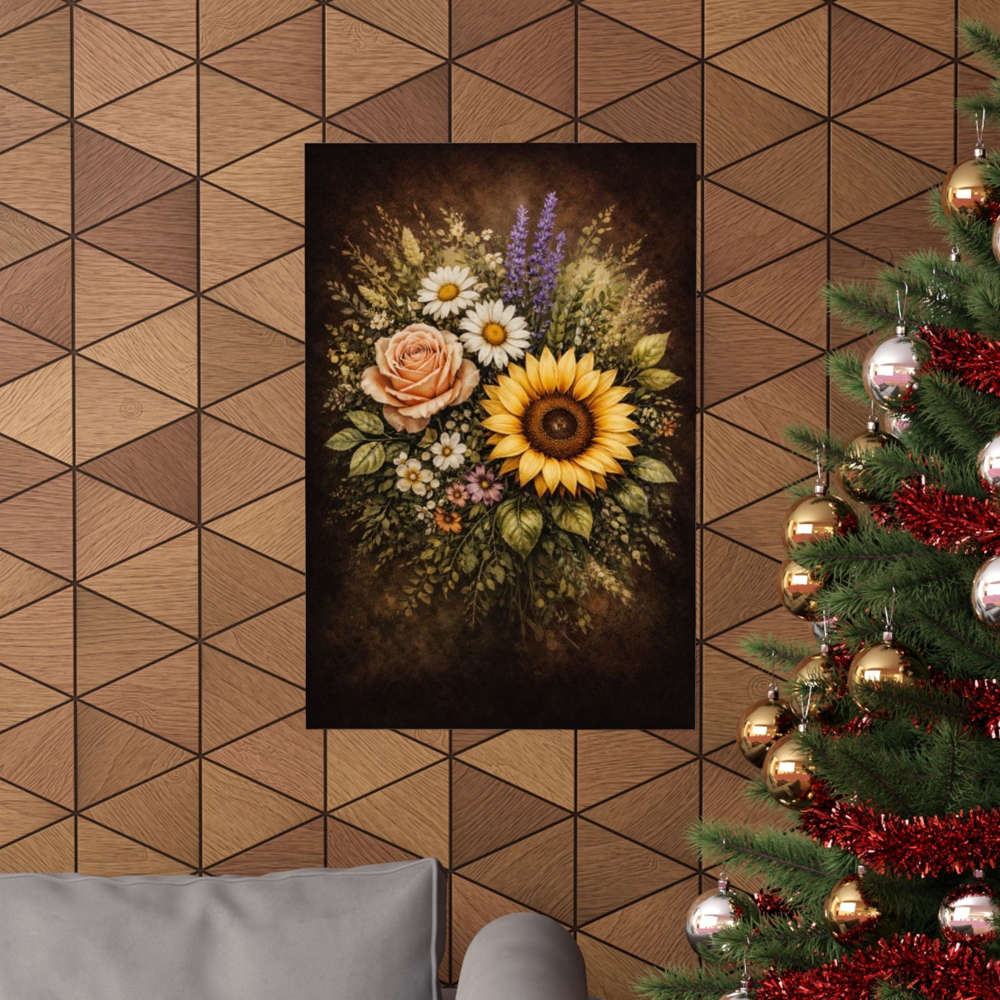 Sunflower & Roses Bouquet Poster — Matte Vertical Floral Wall Art