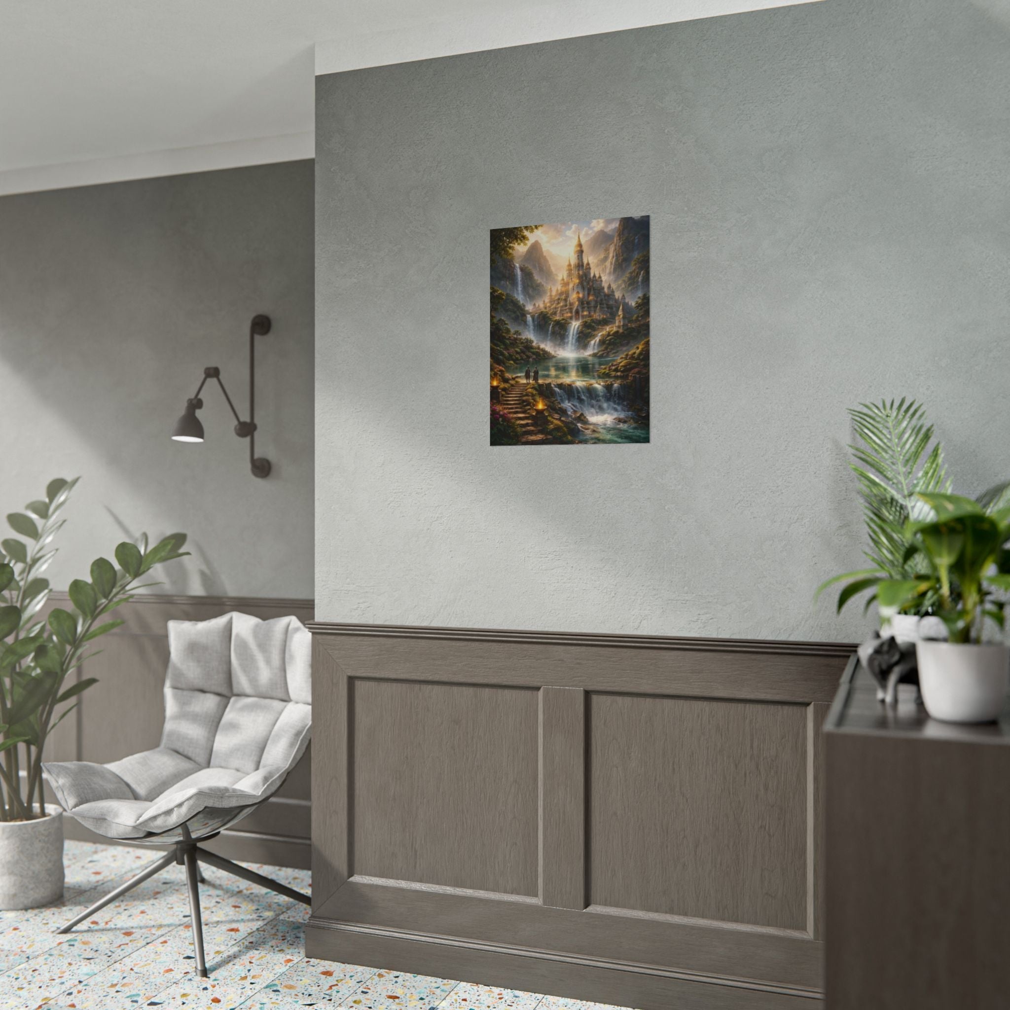 Fantasy Castle Rolled Poster — Enchanted Waterfall Landscape Wall Art