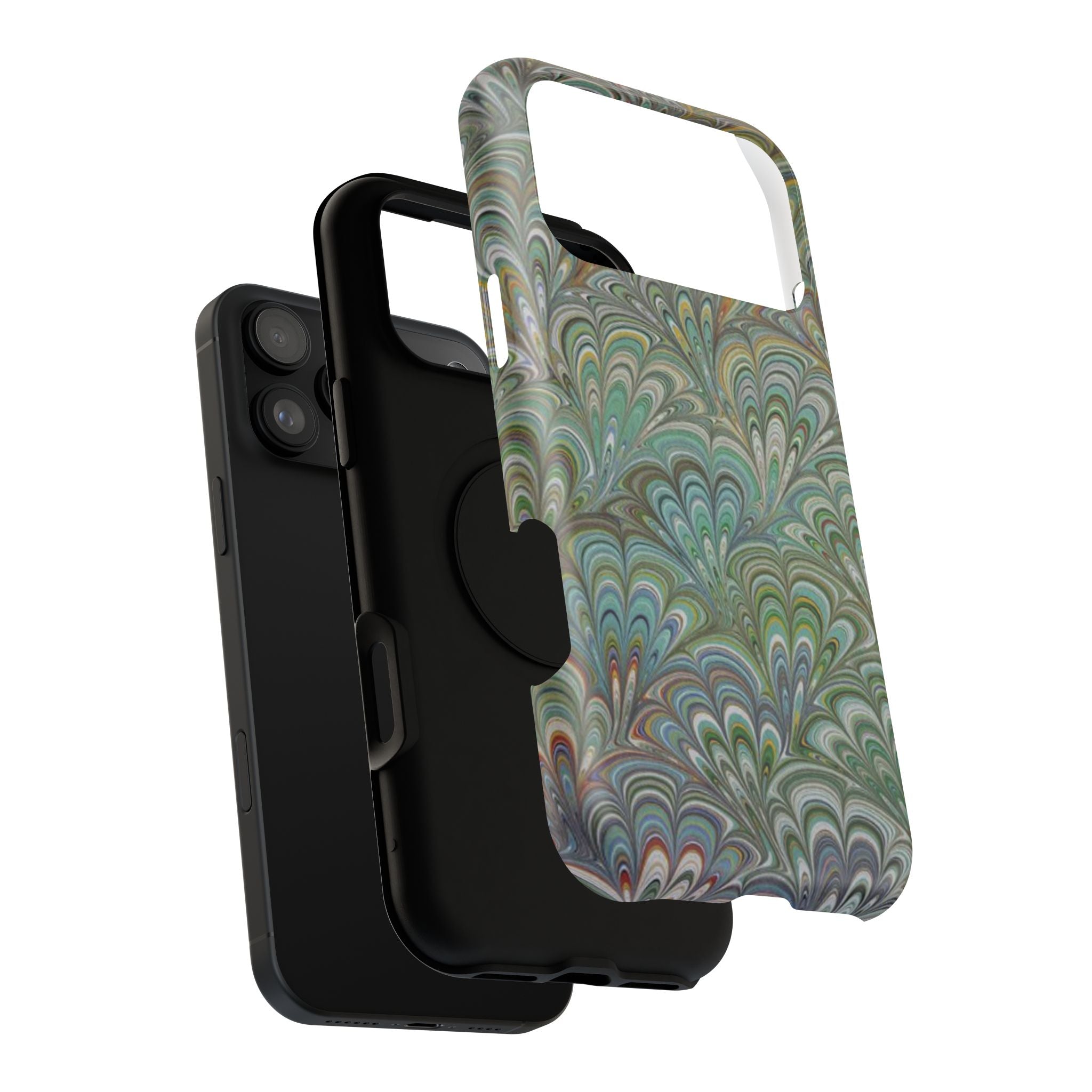 iPhone17 + All Models Phone Cases, Italian Peacock Feather Design, Stylish Impact-Resistant Shell, Protective Cover, Green Peacock Print