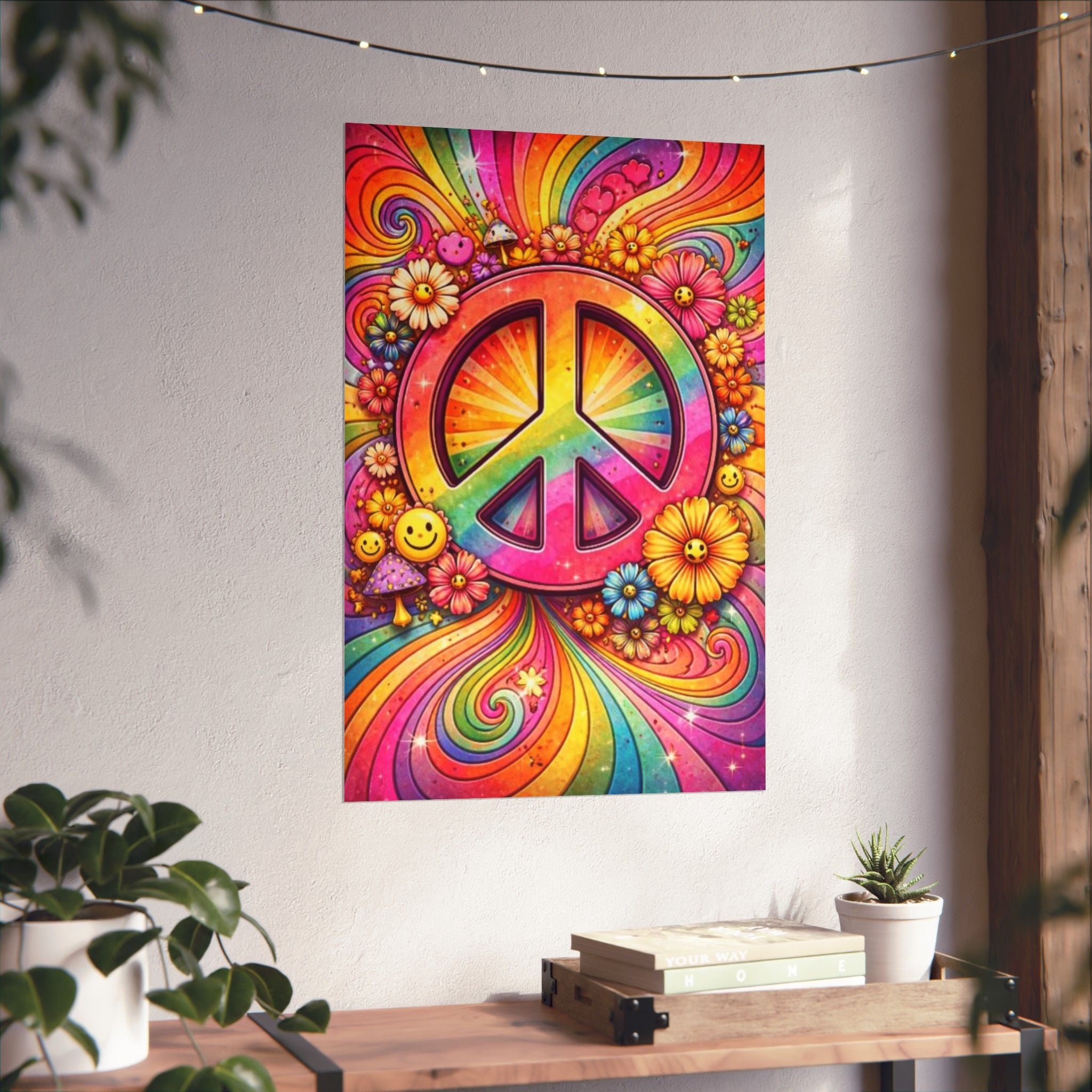 Rainbow Peace Sign Poster — Retro Hippie Matte Vertical Wall Art