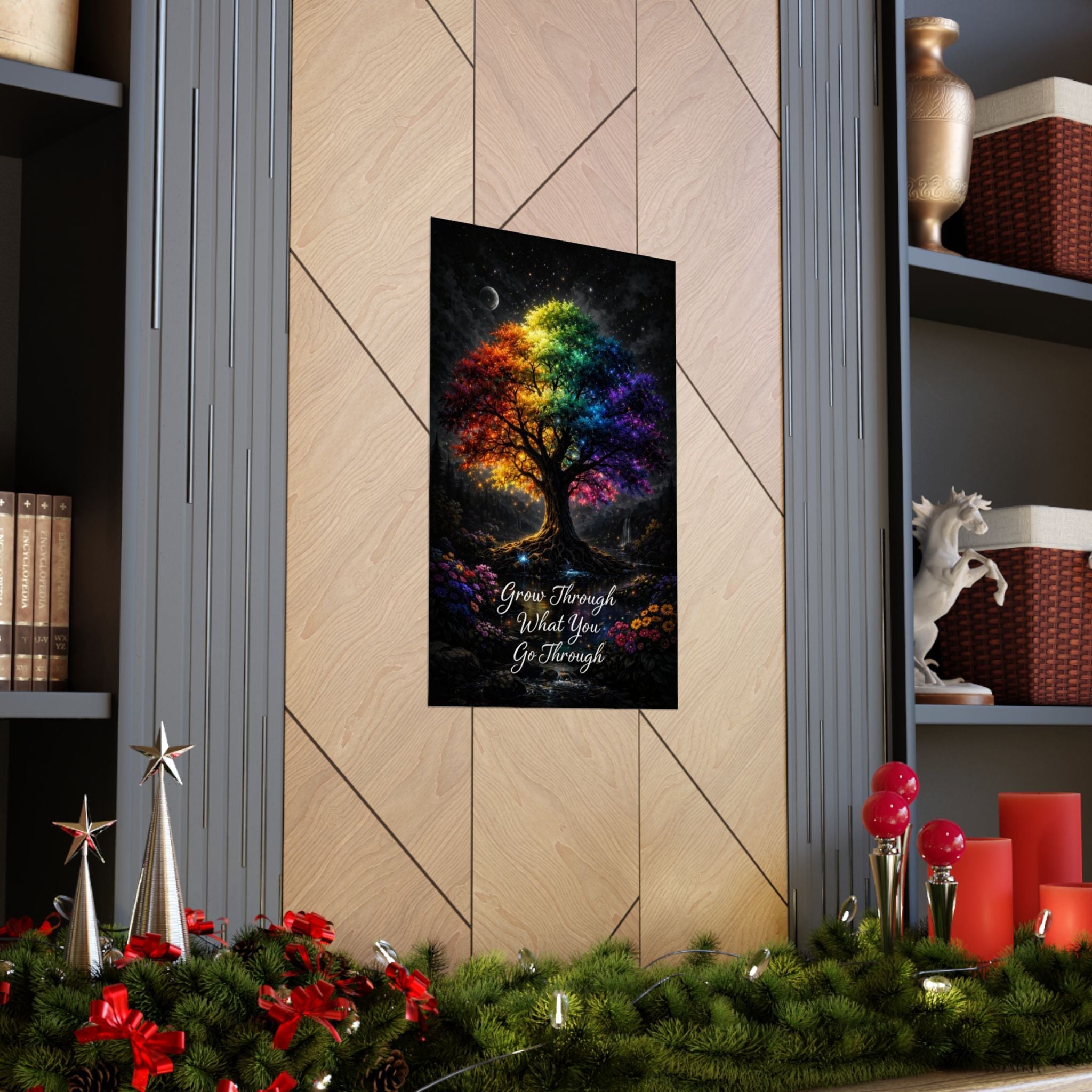 Inspirational Rainbow Tree Poster — "Grow Through What You Go Through" Matte Vertical Print