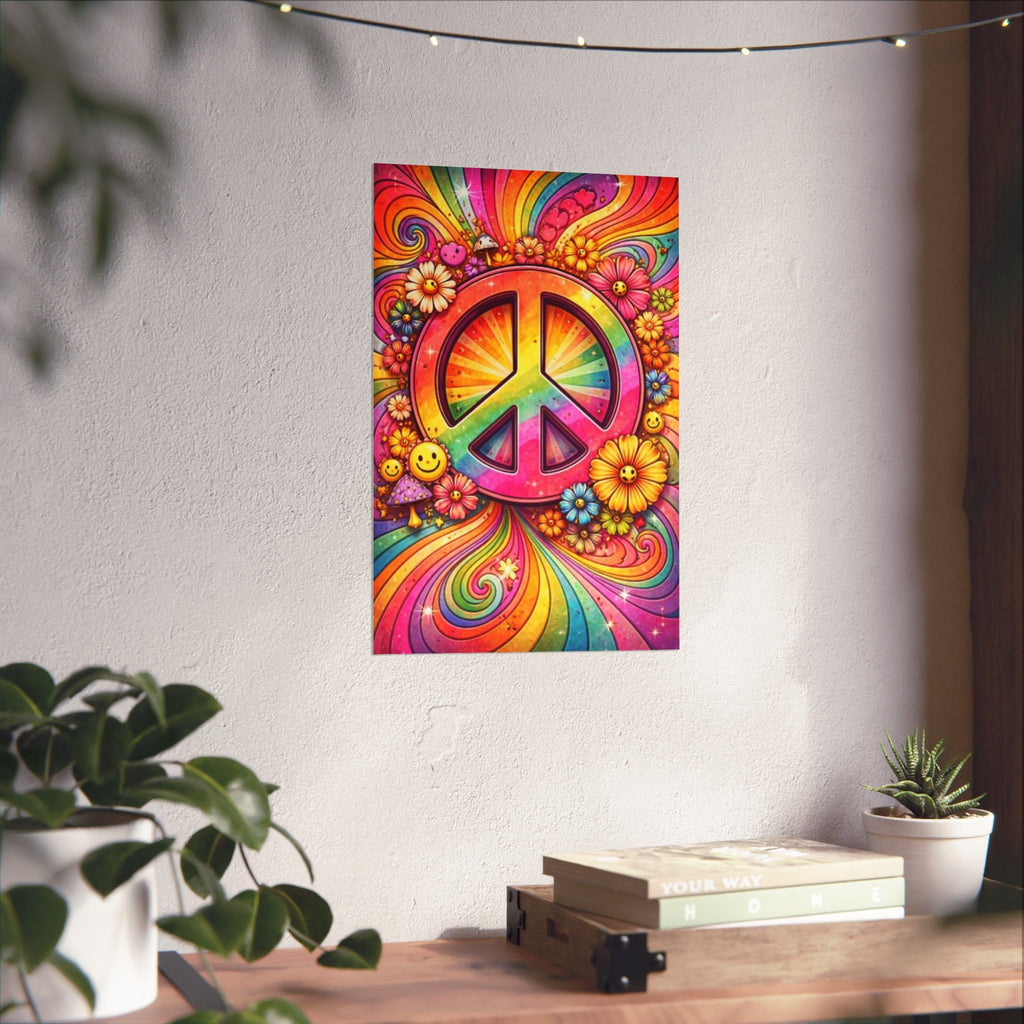Rainbow Peace Sign Poster — Retro Hippie Matte Vertical Wall Art