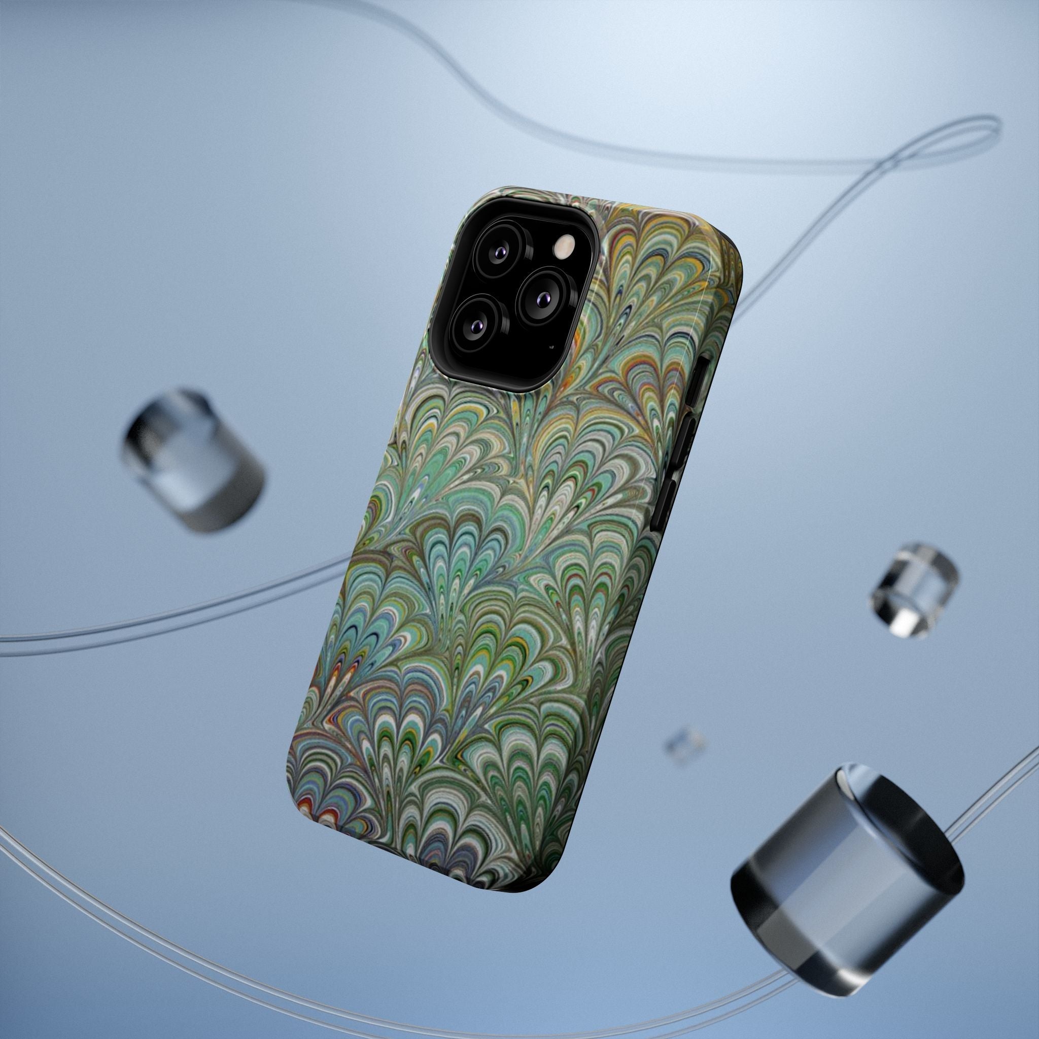 iPhone17 + All Models Phone Cases, Italian Peacock Feather Design, Stylish Impact-Resistant Shell, Protective Cover, Green Peacock Print