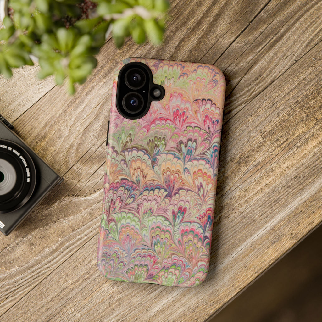 Pastel Pink + Green Feather Marbled Phone Case - Dual Layer Phone Cover