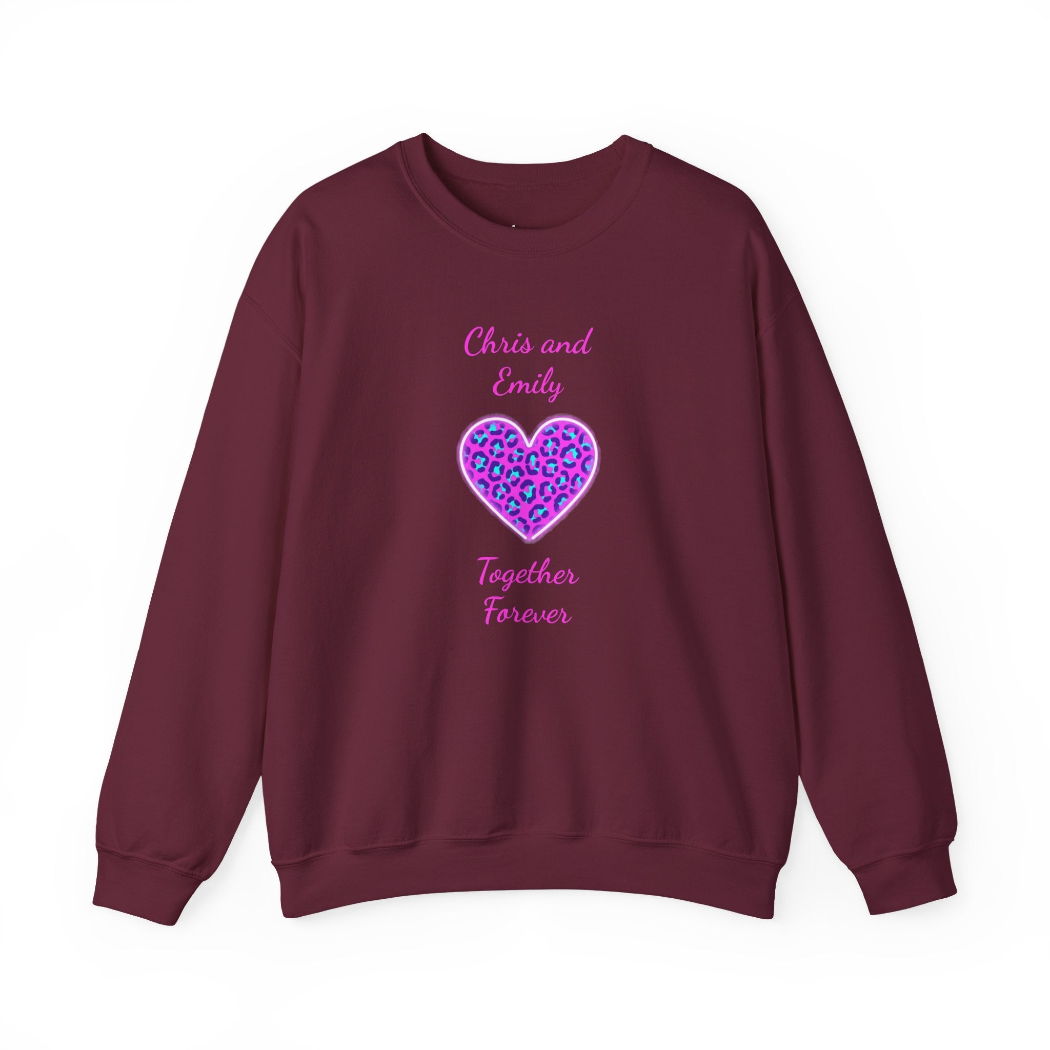 Crewneck Sweatshirt - Personalized Pink & Purple Leopard Heart - Two Customizable Text Boxes