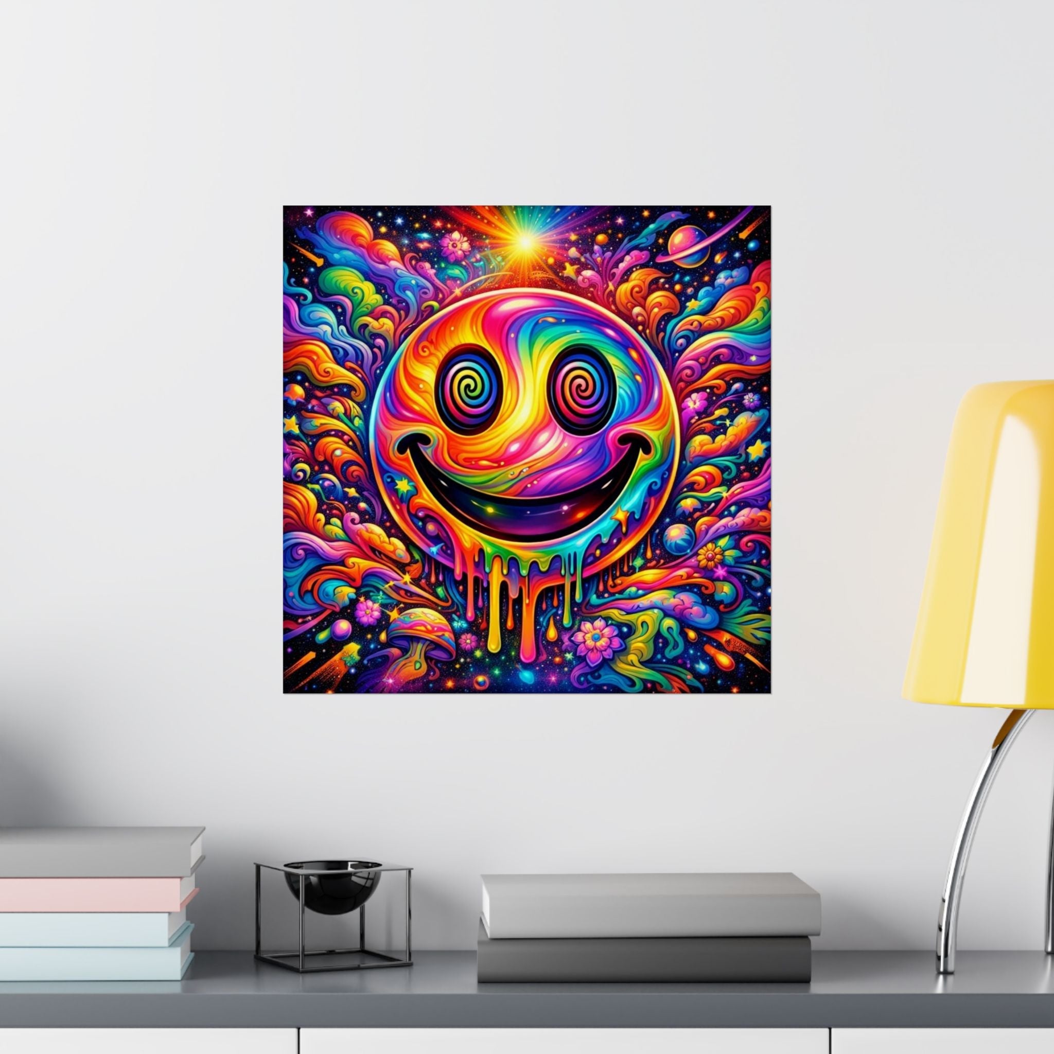 Psychedelic Drippy Smiley Matte Poster — Vibrant Rainbow Wall Art