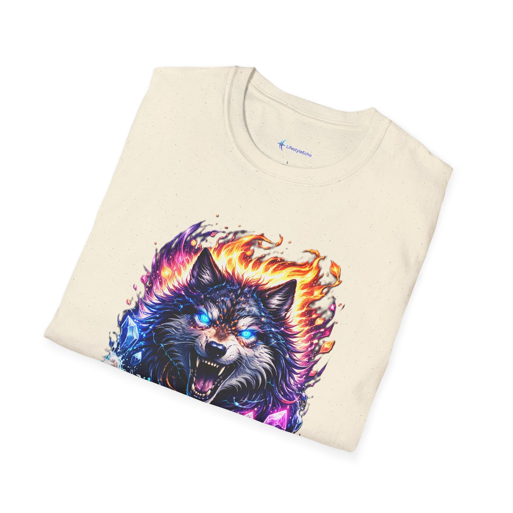 Cosmic Fire Wolf T-Shirt — Vibrant Mystic Wolf Graphic Tee