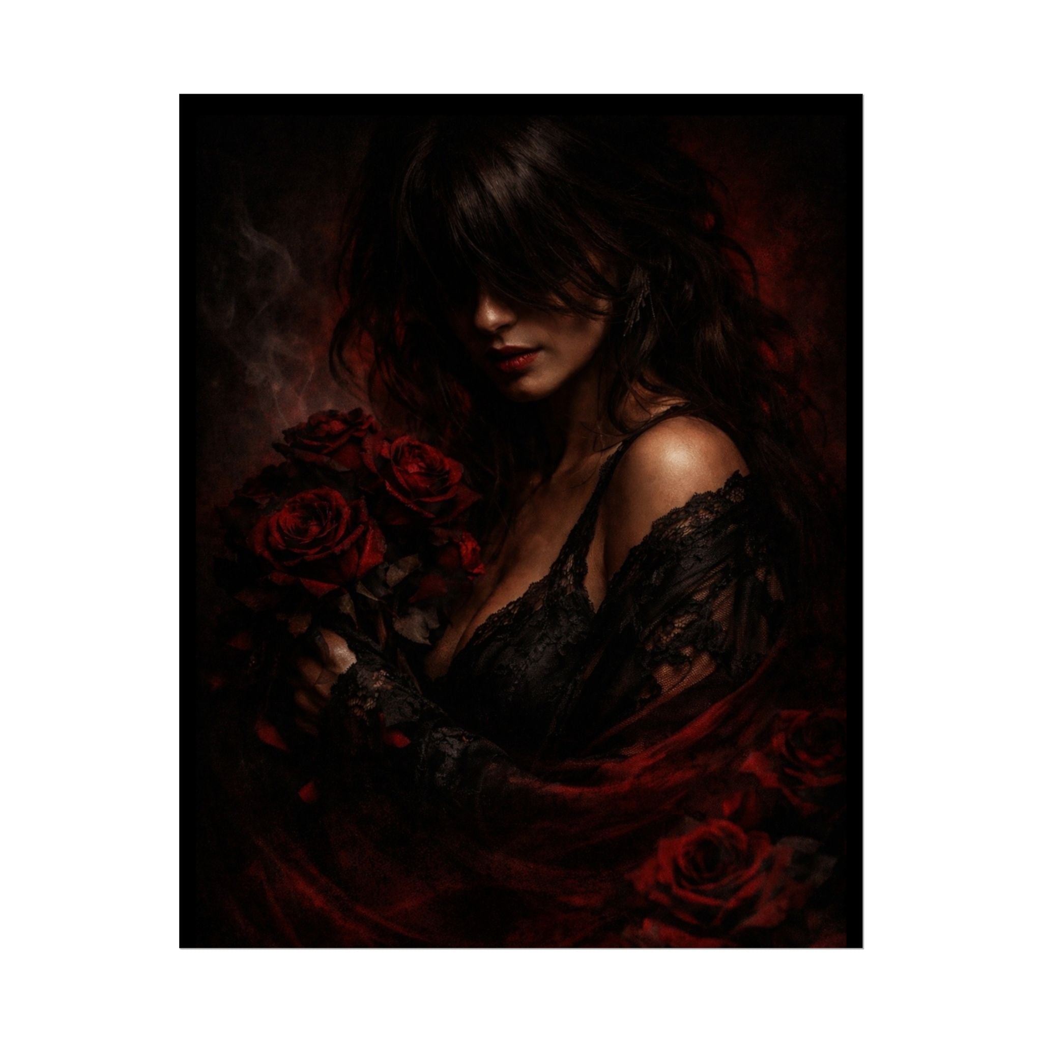 Dark Romantic Art Poster — Gothic Woman with Red Roses, Moody Wall Art