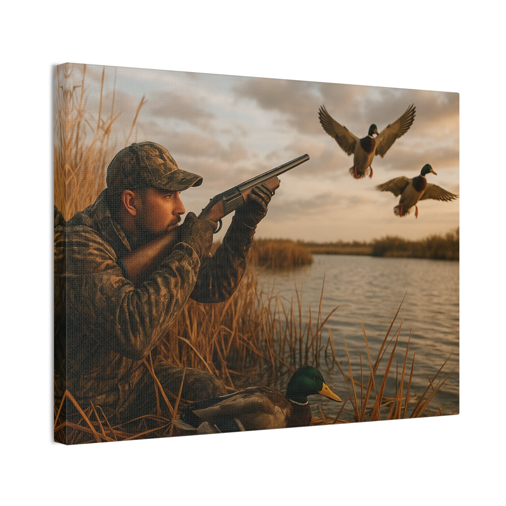 Duck Hunting Canvas Print — Waterfowl Blind Scene Stretched Wall Art
