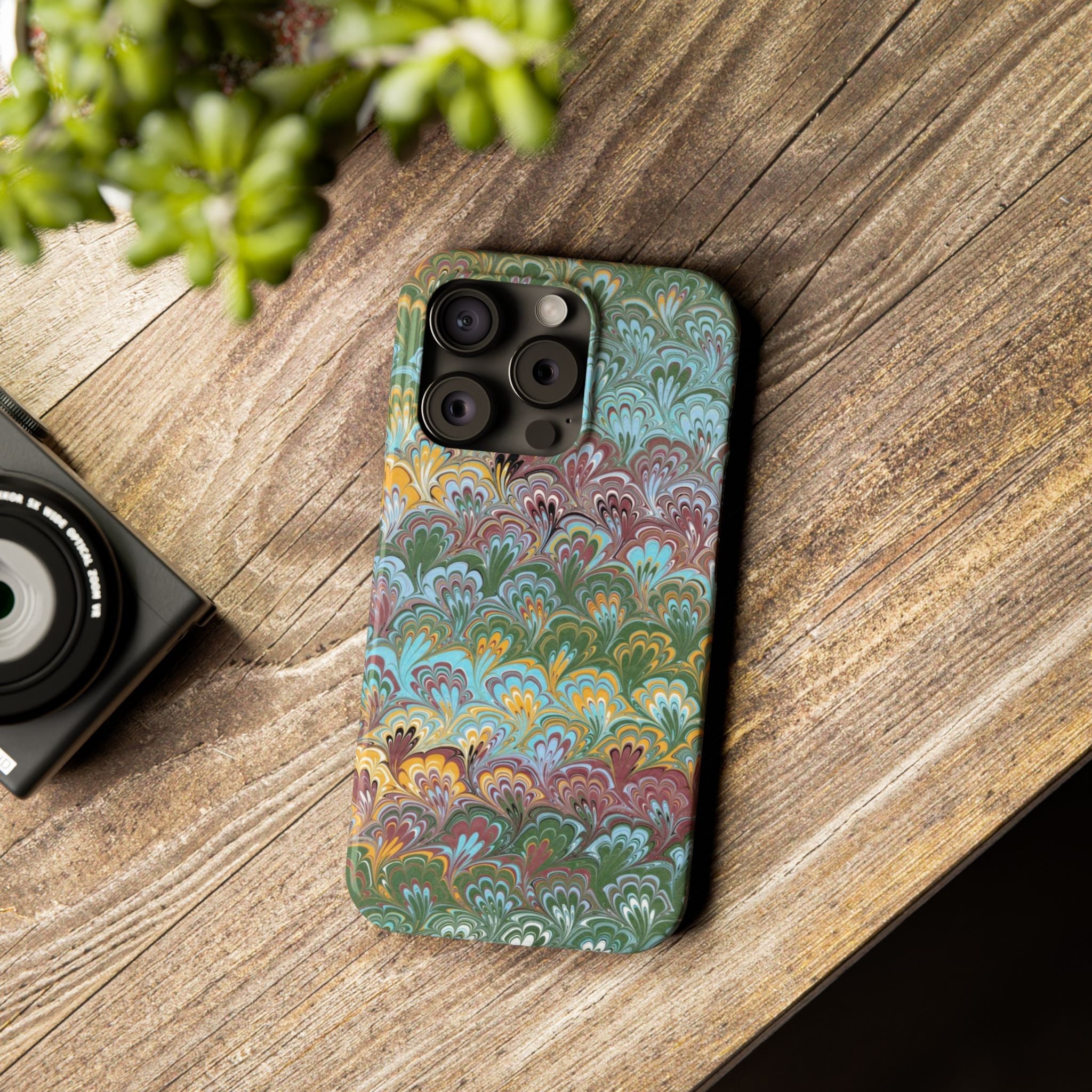 Phone Case with Design from Italy - Marbled "Peacock" Design, Green, Blue, Multi-Color Slim Phone Cases