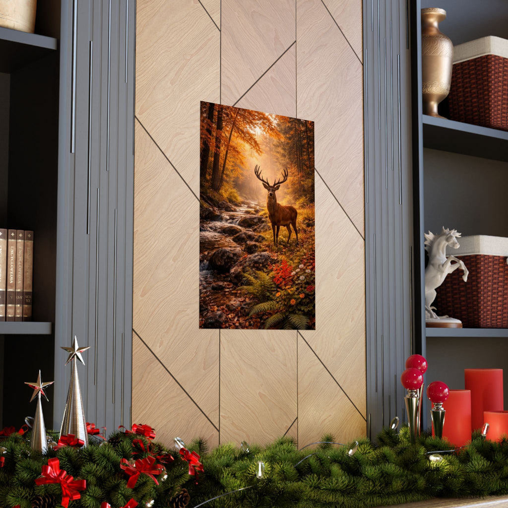 Deer in Autumn Forest Matte Vertical Poster — Rustic Woodland Wall Art