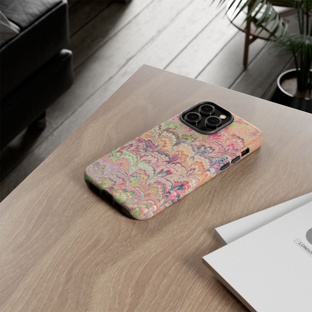 Pastel Pink + Green Feather Marbled Phone Case - Dual Layer Phone Cover