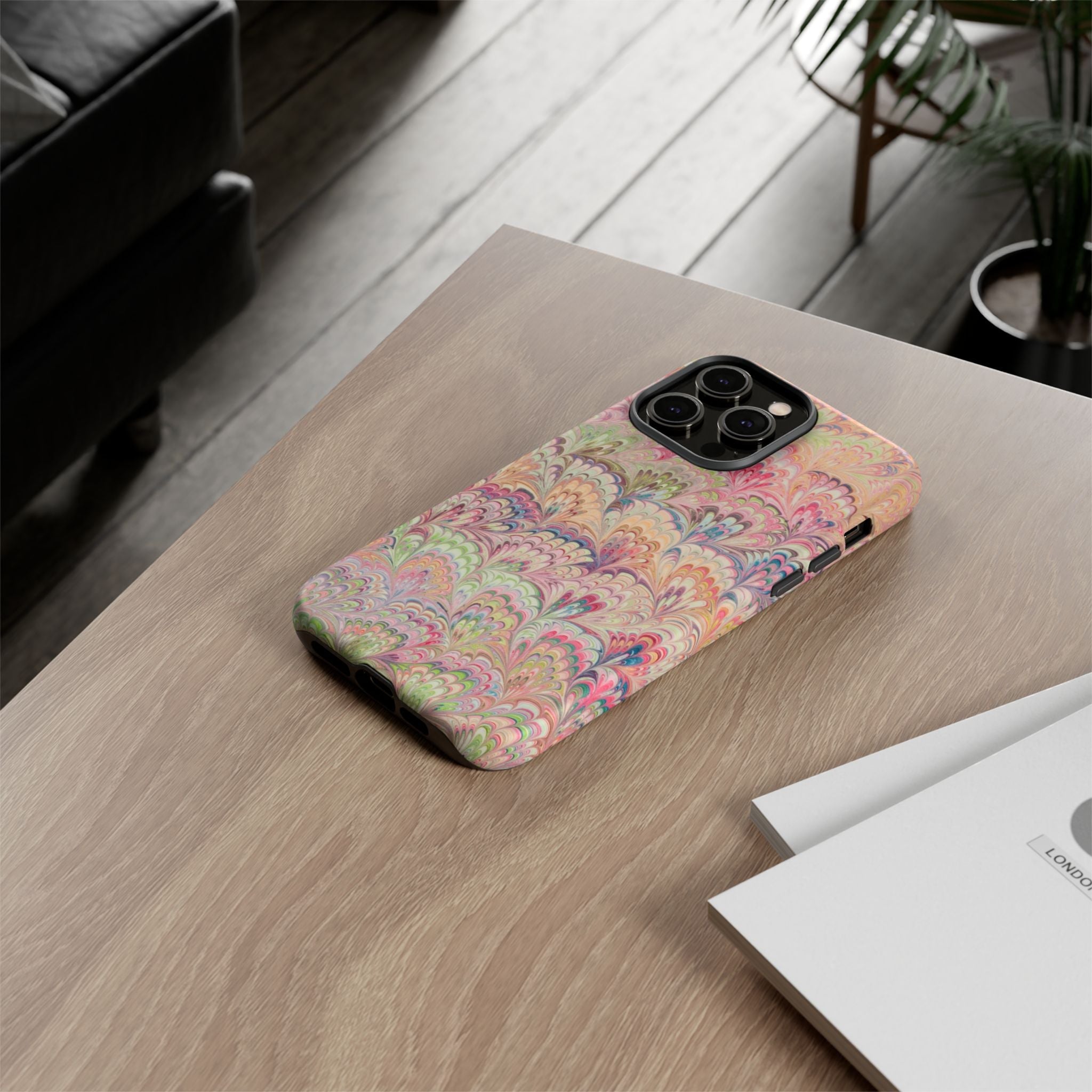 Pastel Pink + Green Feather Marbled Phone Case - Dual Layer Phone Cover