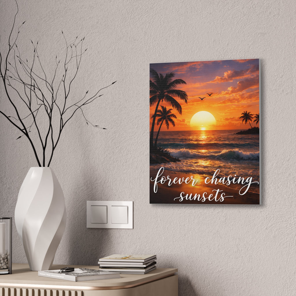 Sunset Beach Canvas Wall Art — Tropical Palm Ocean Sunset Stretched Canvas