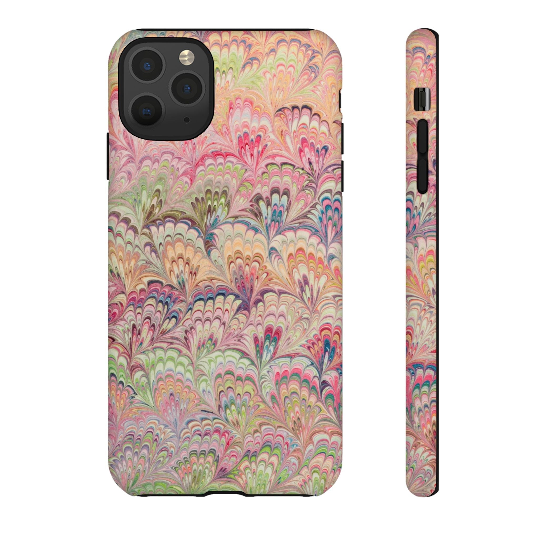 Pastel Pink + Green Feather Marbled Phone Case - Dual Layer Phone Cover
