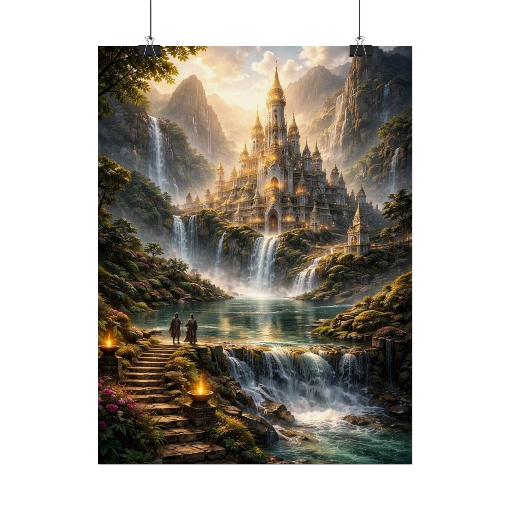 Fantasy Castle Rolled Poster — Enchanted Waterfall Landscape Wall Art