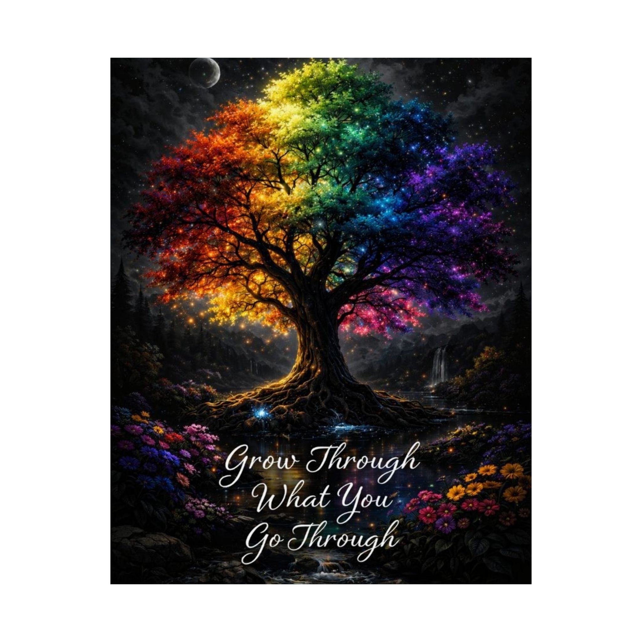 Inspirational Rainbow Tree Poster — "Grow Through What You Go Through" Matte Vertical Print
