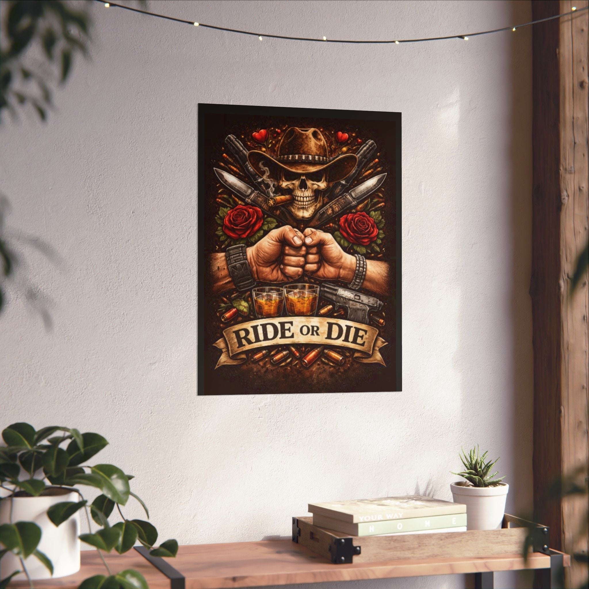 Ride or Die Skull Poster — Cowboy Skull, Fist Bump Motorcycle Bar Art