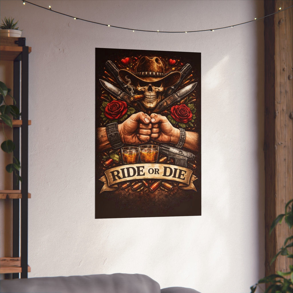 Ride or Die Skull Poster — Cowboy Skull, Fist Bump Motorcycle Bar Art