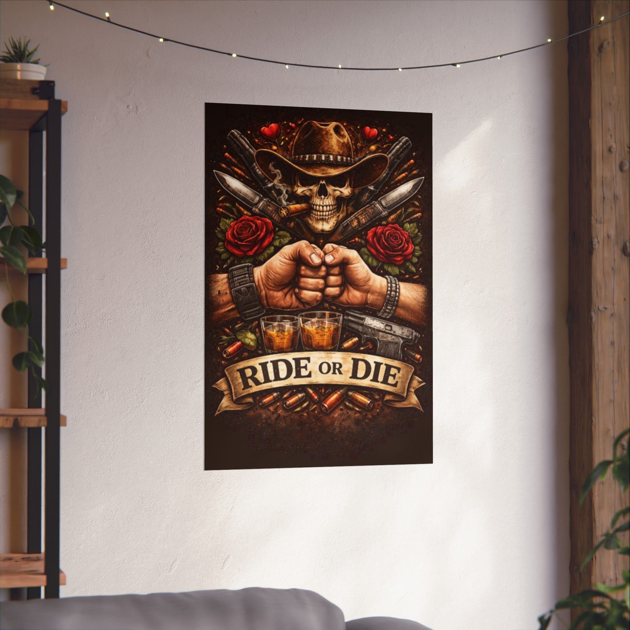 Ride or Die Skull Poster — Cowboy Skull, Fist Bump Motorcycle Bar Art