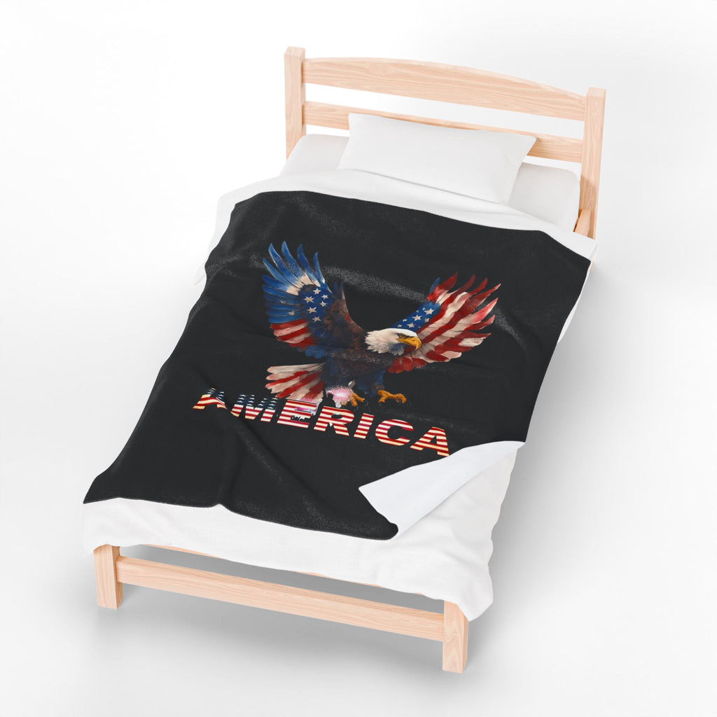 American Flag Eagle Velveteen Plush Blanket — Patriotic USA Throw for 4th of July & Veterans