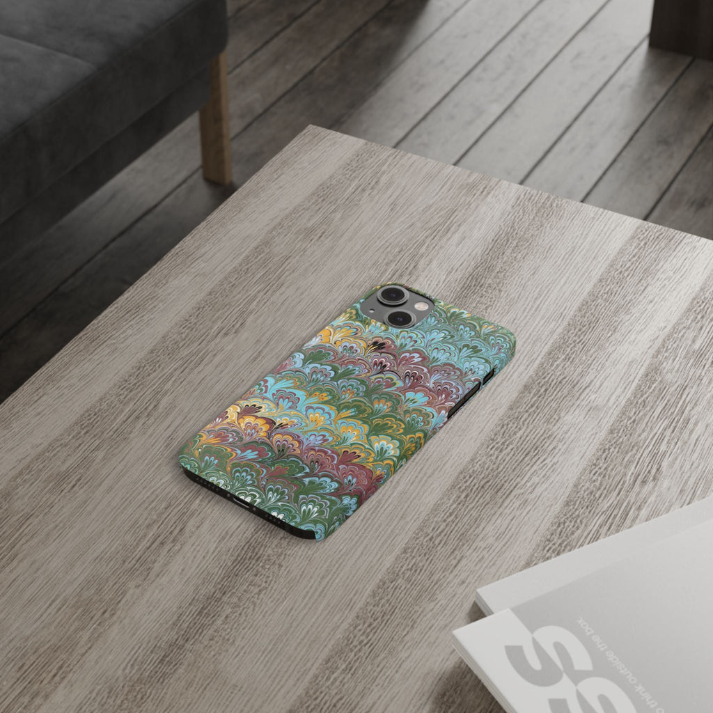 Phone Case with Design from Italy - Marbled "Peacock" Design, Green, Blue, Multi-Color Slim Phone Cases