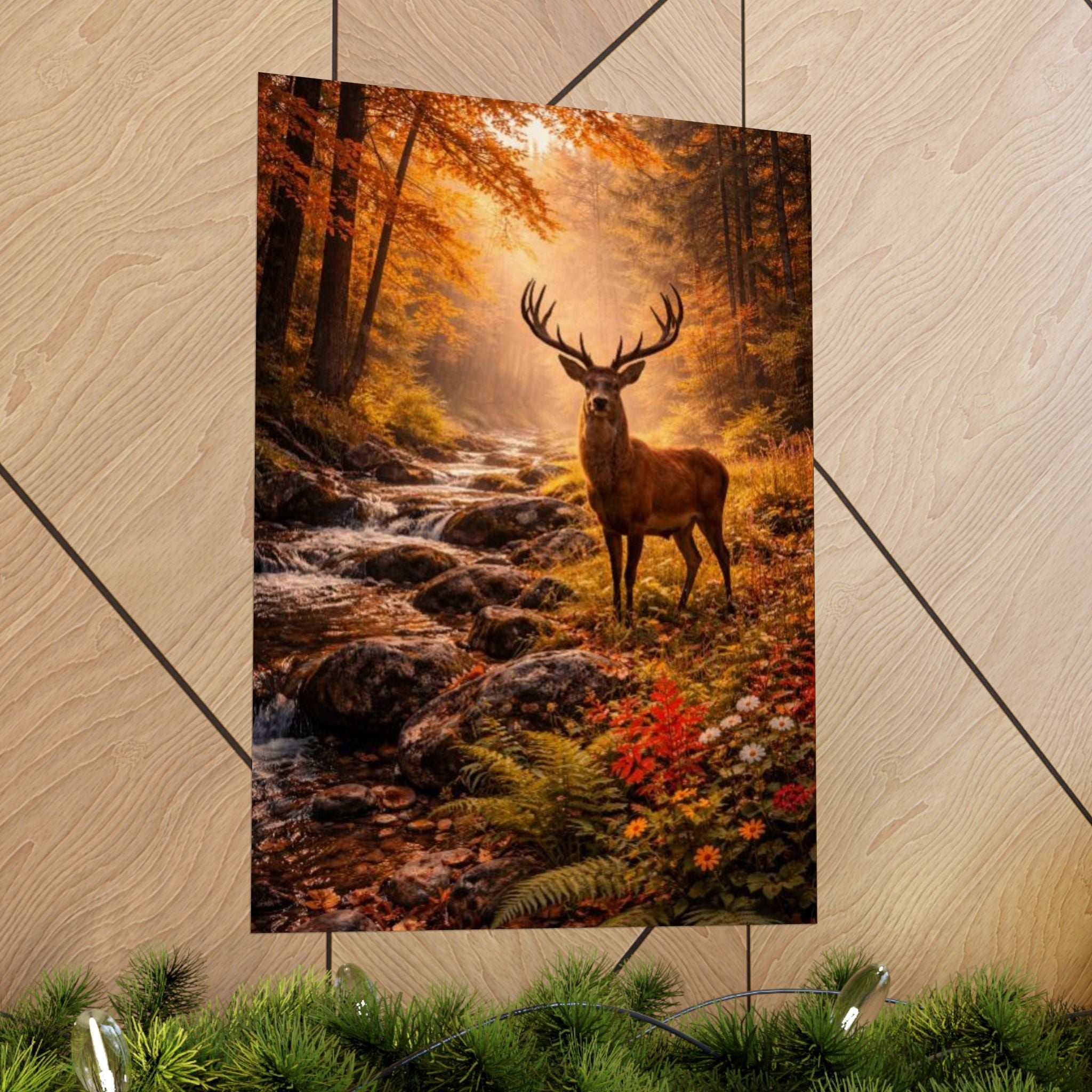Deer in Autumn Forest Matte Vertical Poster — Rustic Woodland Wall Art