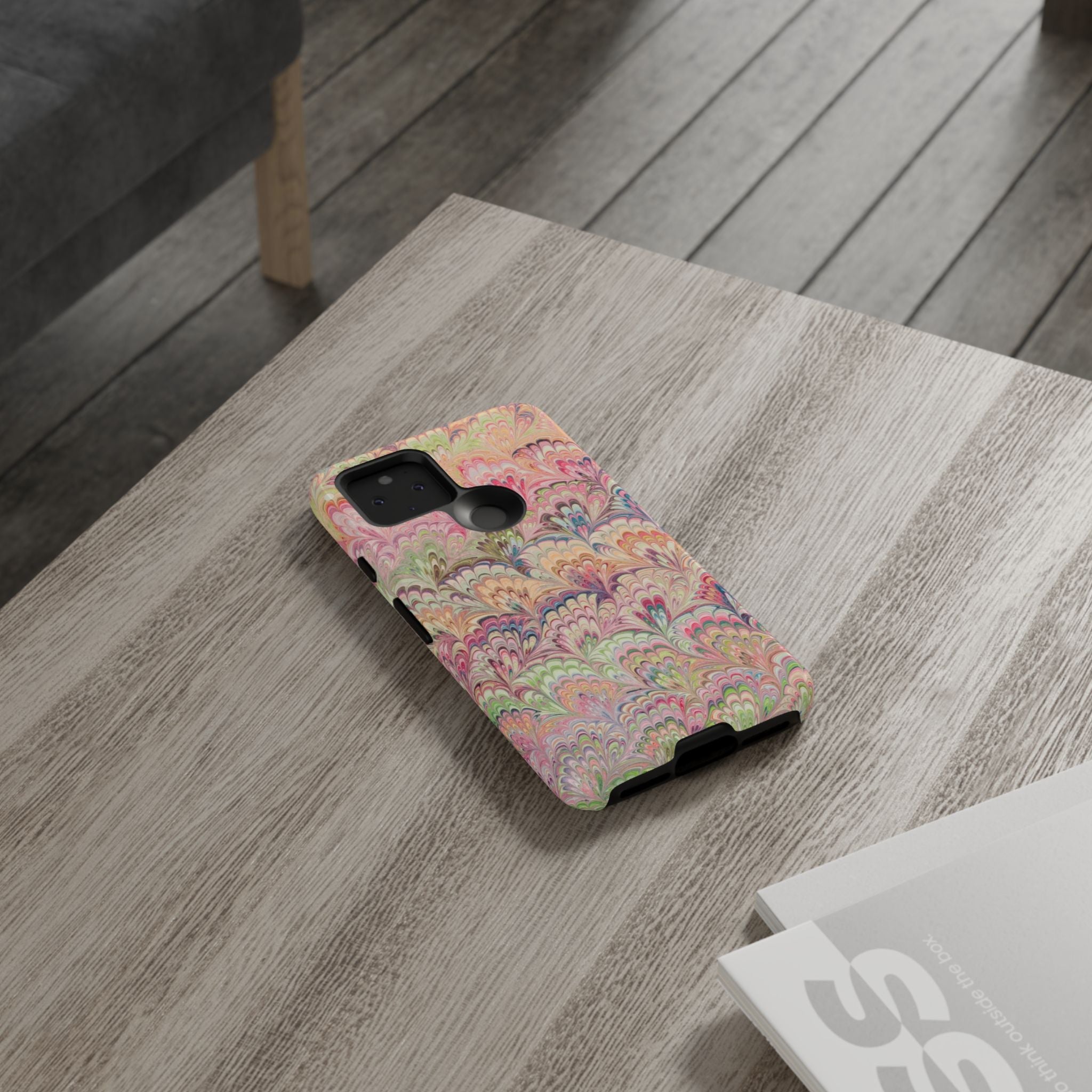 Pastel Pink + Green Feather Marbled Phone Case - Dual Layer Phone Cover