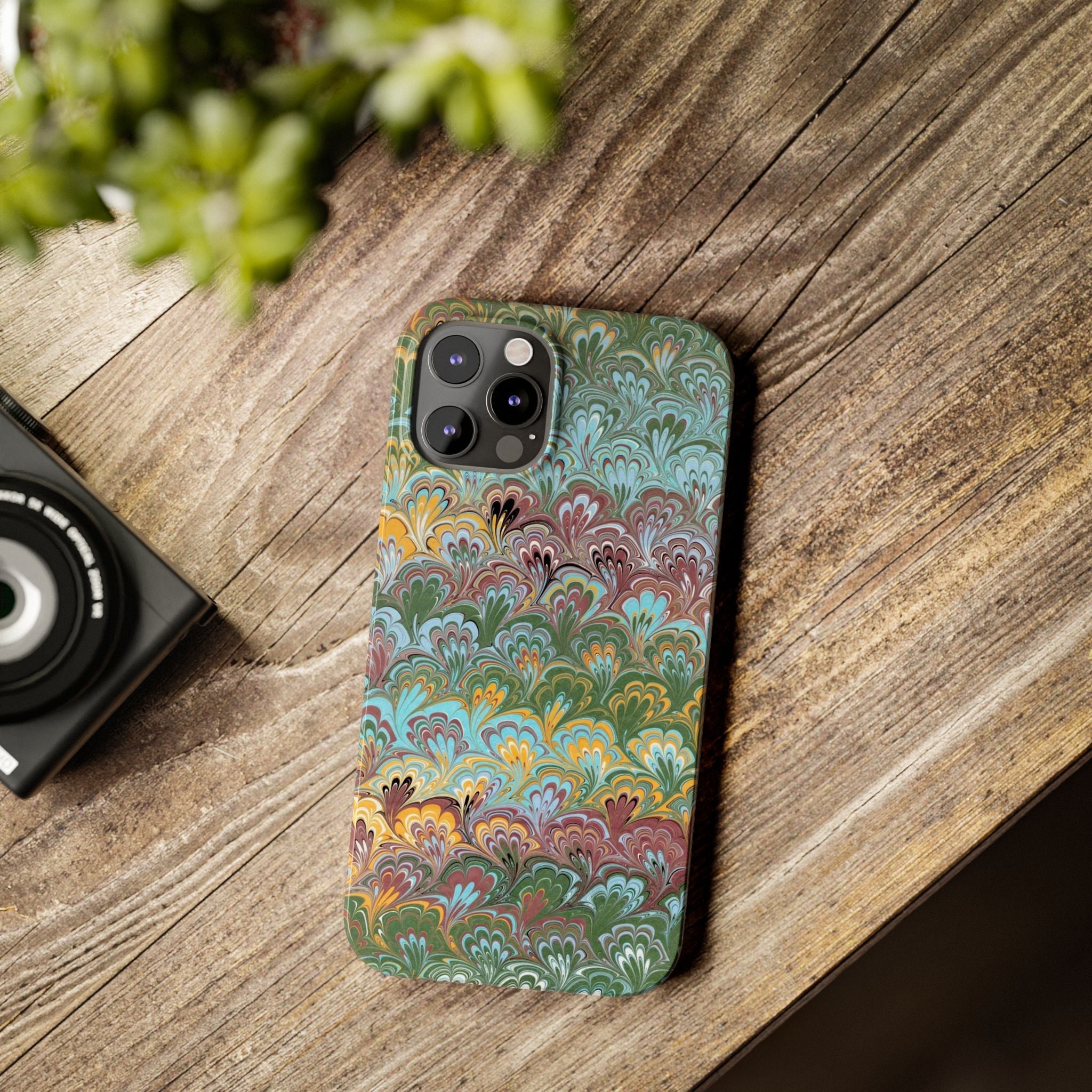Phone Case with Design from Italy - Marbled "Peacock" Design, Green, Blue, Multi-Color Slim Phone Cases