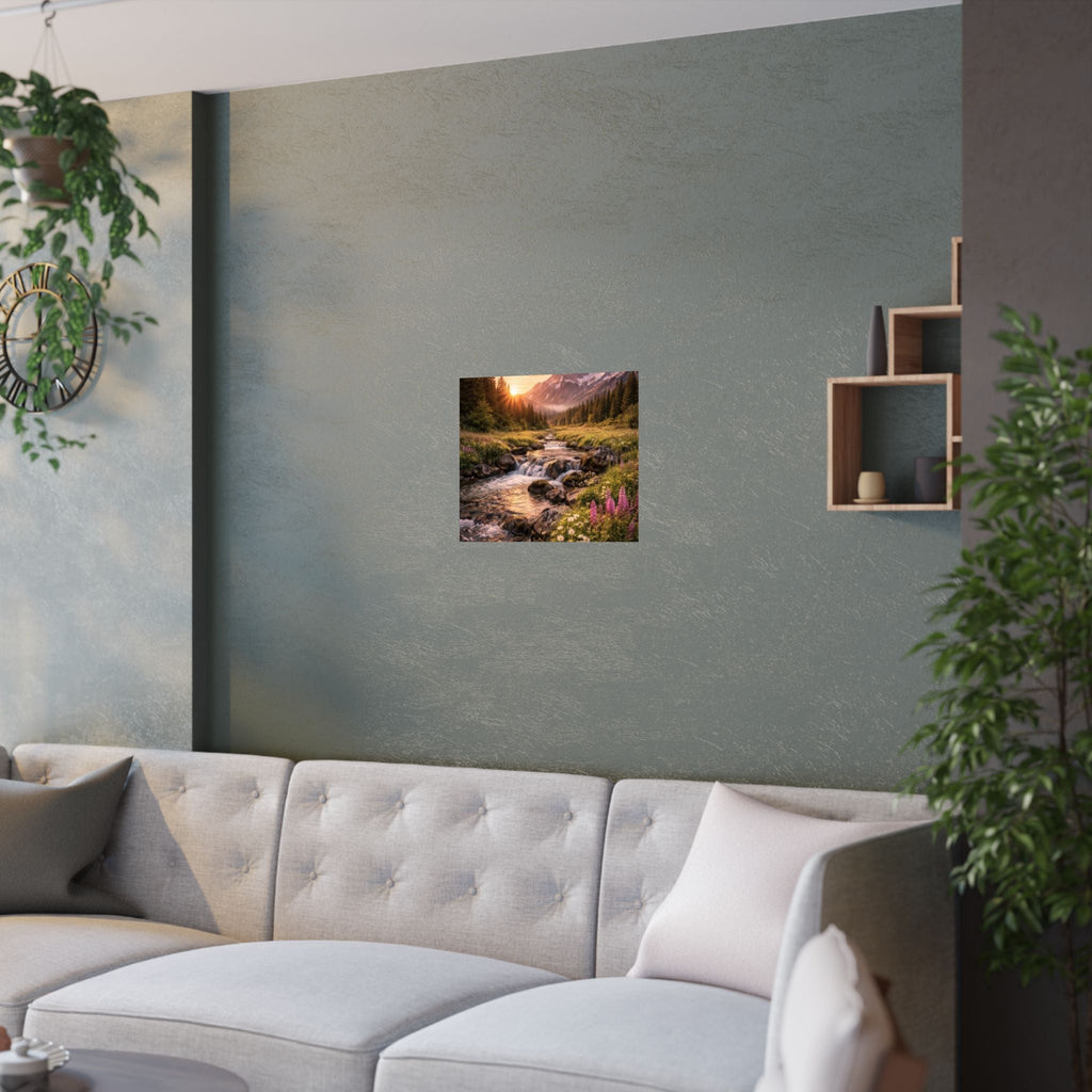 Satin Poster – Golden Mountain Stream Landscape Sunset Print