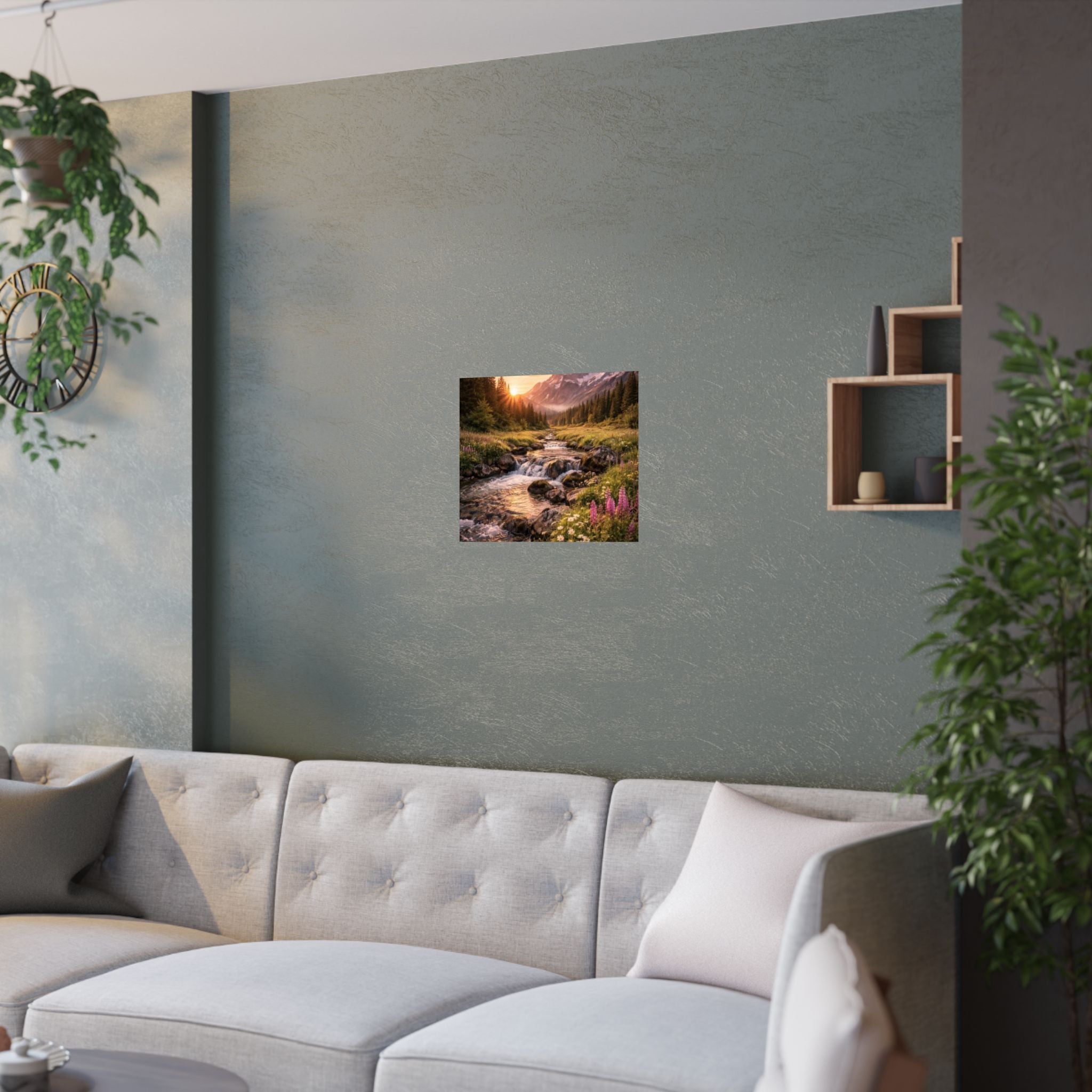 Satin Poster – Golden Mountain Stream Landscape Sunset Print