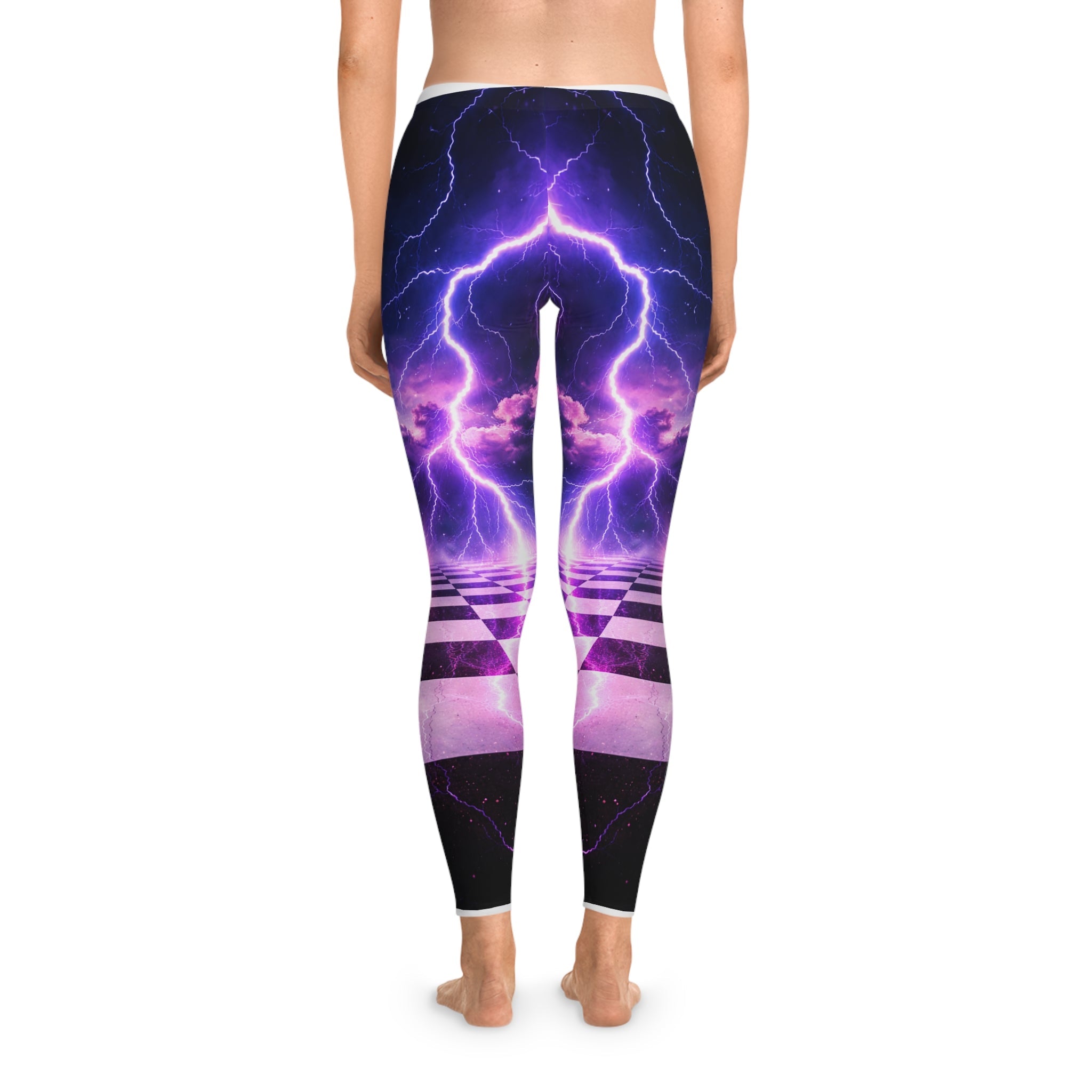 Electric Purple Lightning Leggings — Retro Checkerboard AOP Yoga Leggings