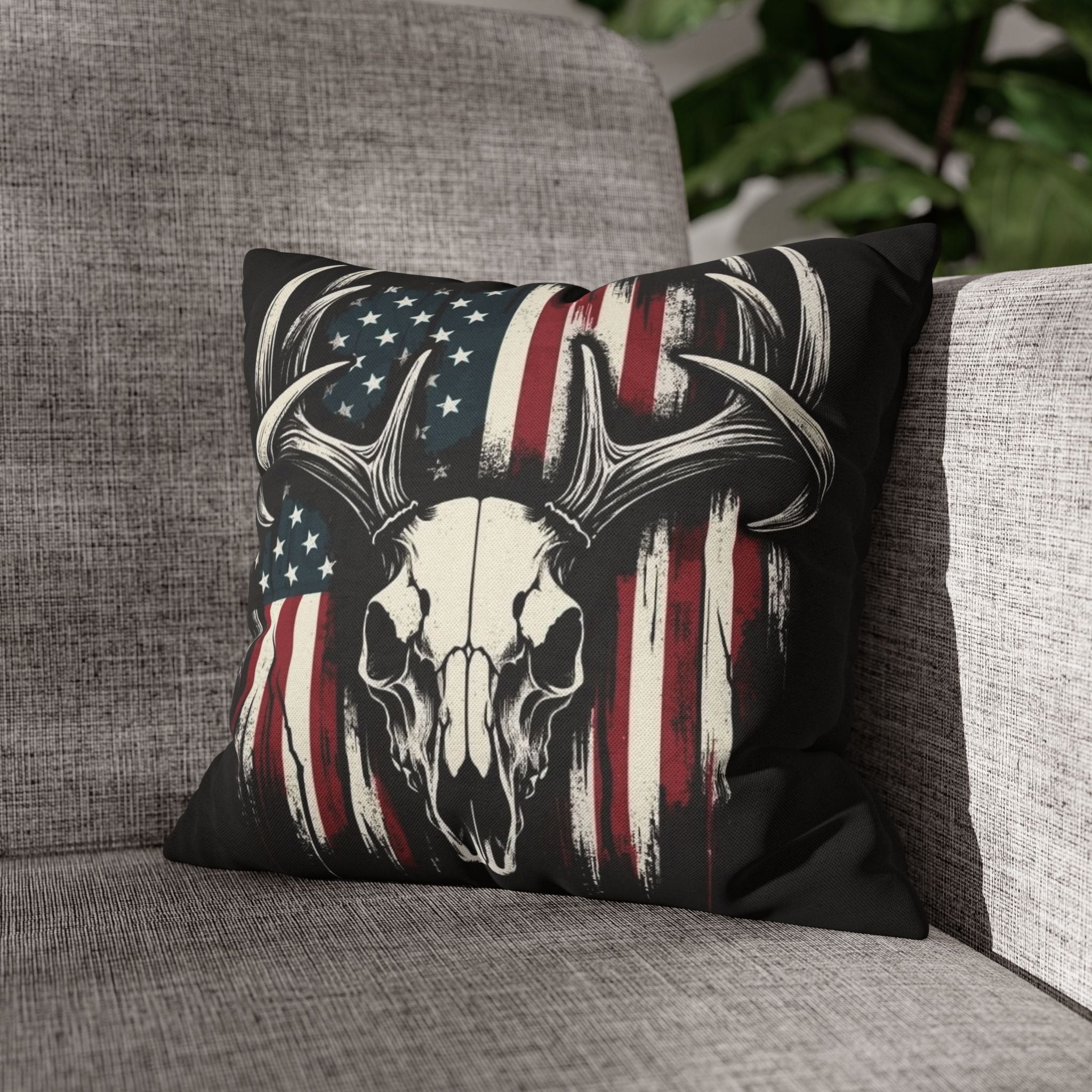 Deer Skull American Flag Throw Pillowcase — Patriotic Hunting Decor