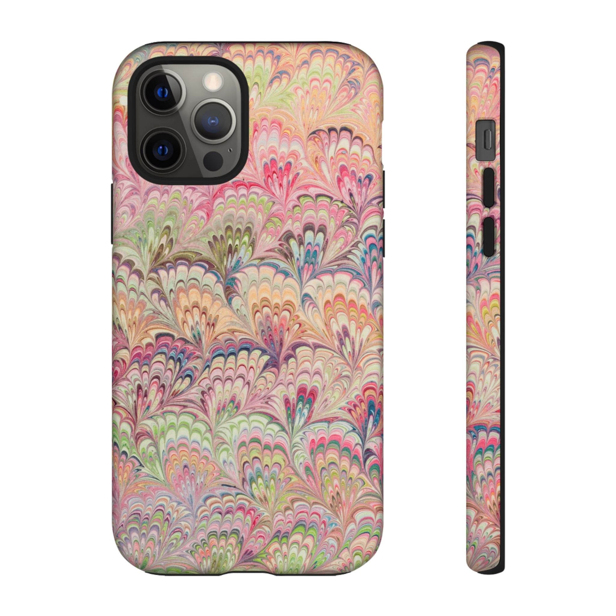 Pastel Pink + Green Feather Marbled Phone Case - Dual Layer Phone Cover
