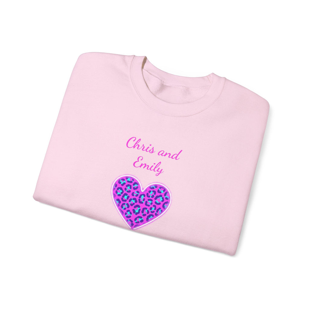 Crewneck Sweatshirt - Personalized Pink & Purple Leopard Heart - Two Customizable Text Boxes