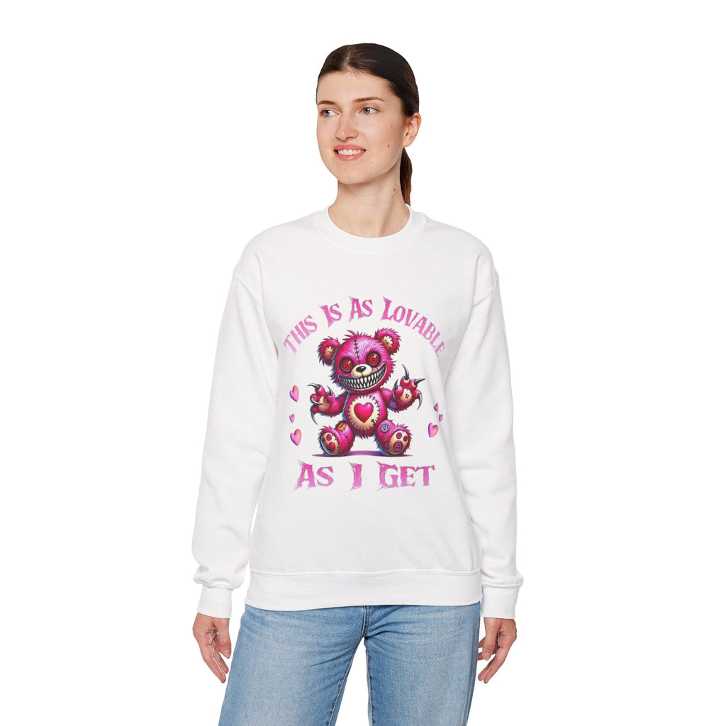 Crewneck Sweatshirt — 'This Is As Lovable As I Get' Pink Heart Teddy Graphic