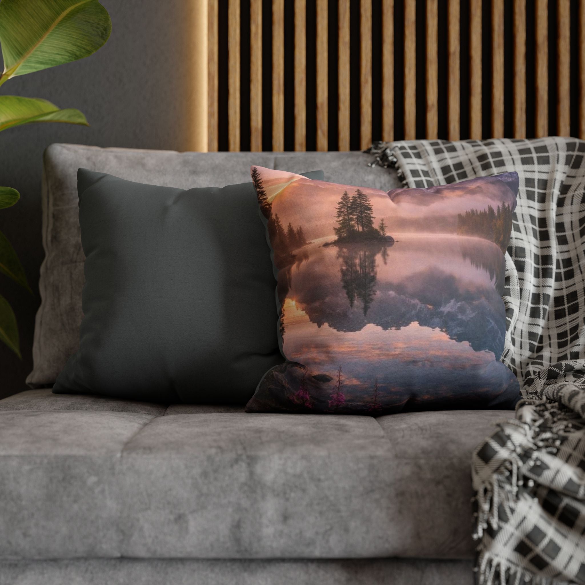 Scenic Lake Reflection Square Pillow — Mountain Sunrise Decorative Pillowcase