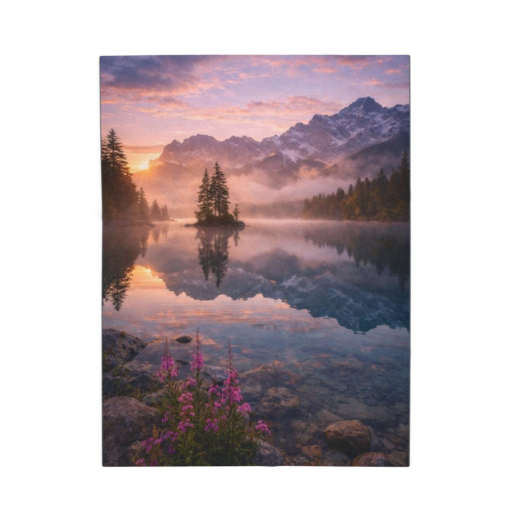 Mountain Lake Sunset Velveteen Plush Blanket — Cozy Nature Scenery Throw