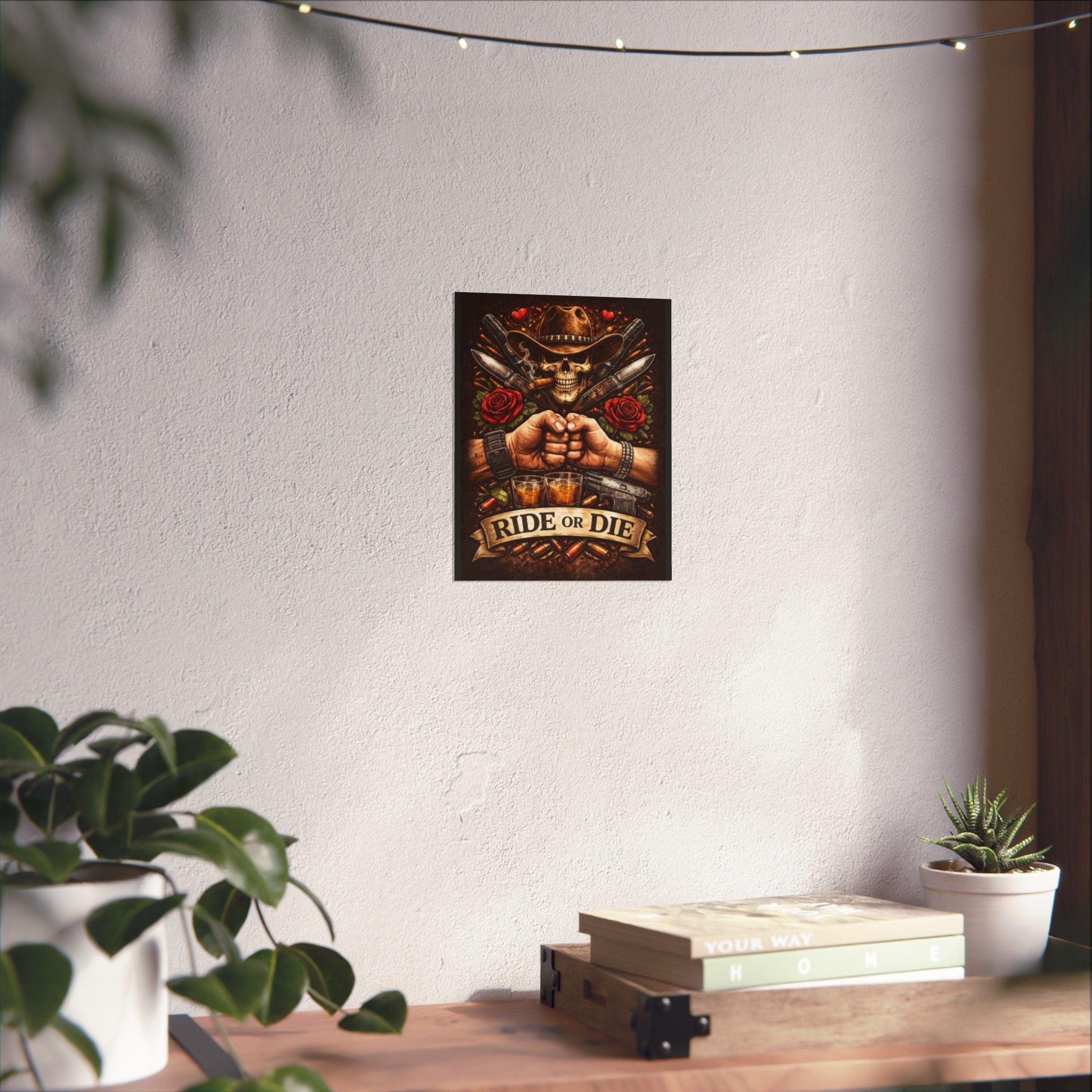 Ride or Die Skull Poster — Cowboy Skull, Fist Bump Motorcycle Bar Art