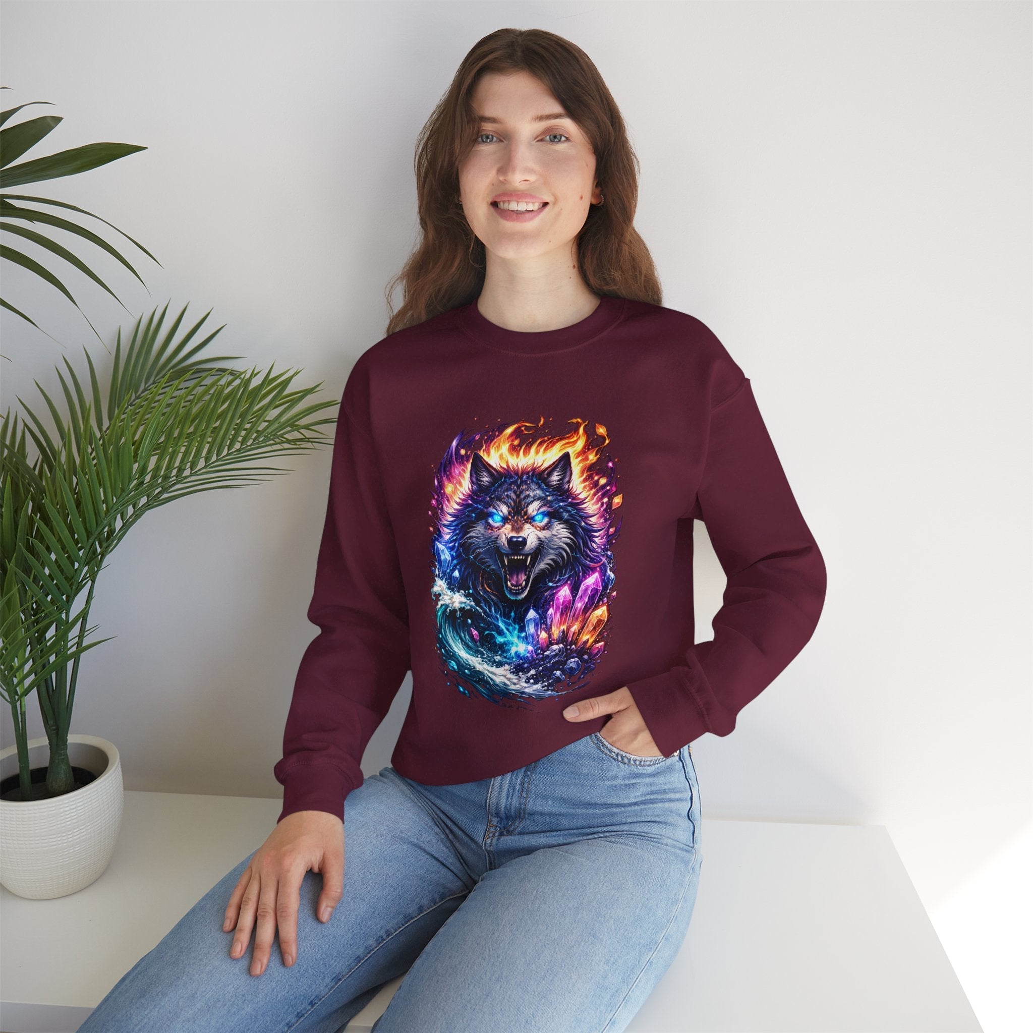 Cosmic Wolf Crewneck Sweatshirt — Neon Fire & Ice Wolf Graphic