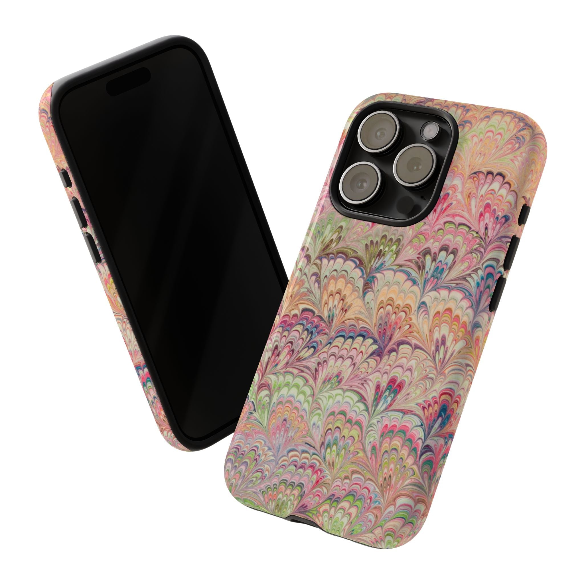 Pastel Pink + Green Feather Marbled Phone Case - Dual Layer Phone Cover