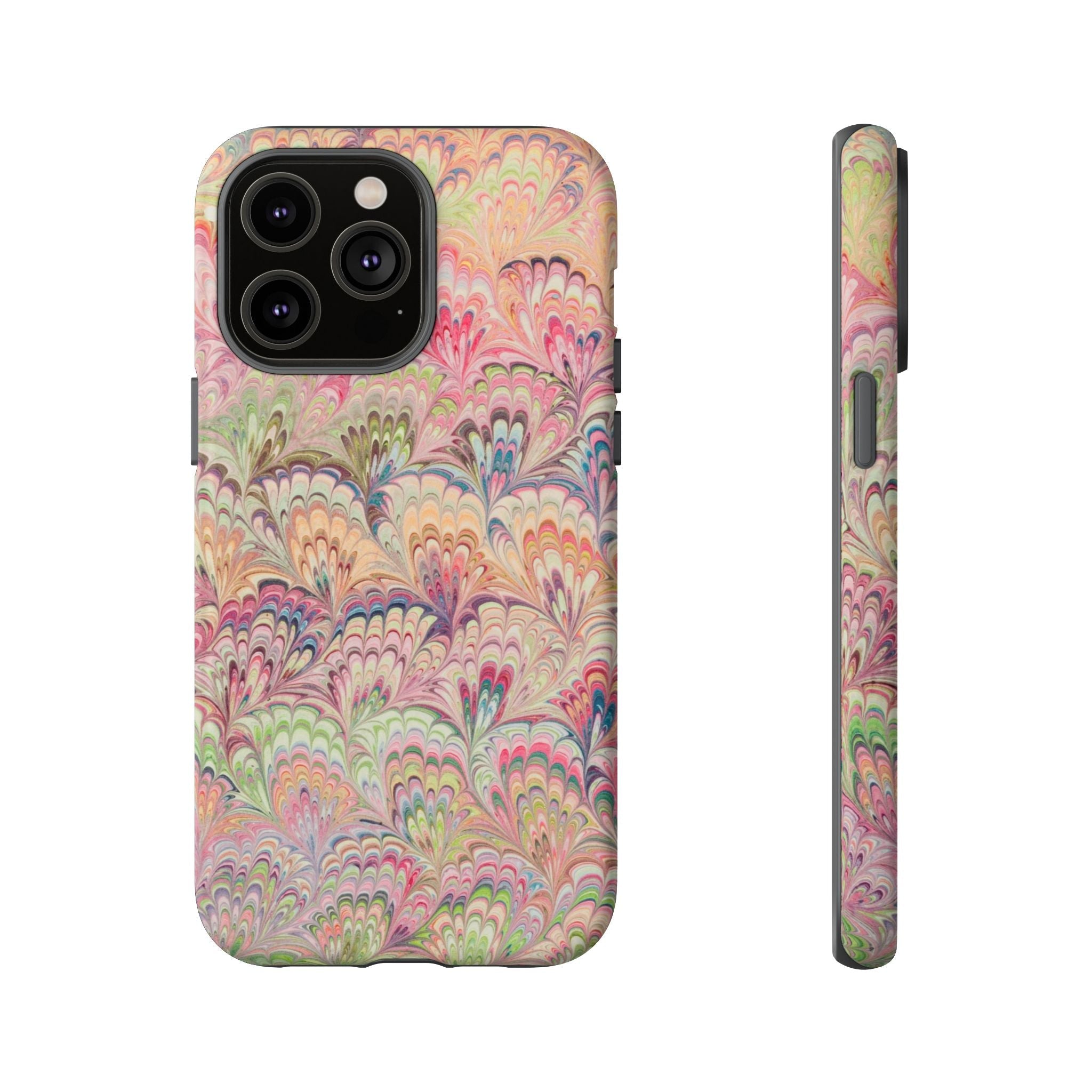 Pastel Pink + Green Feather Marbled Phone Case - Dual Layer Phone Cover